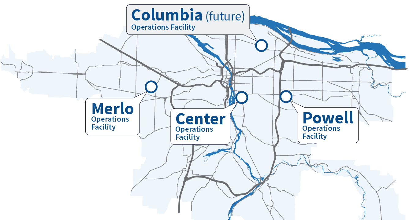 diagram showing the location of four TriMet bus garages