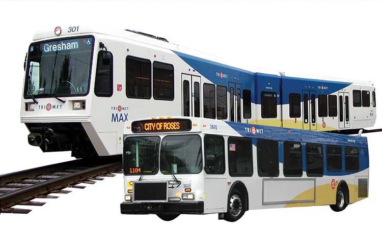TriMet bus and MAX with new graphic look