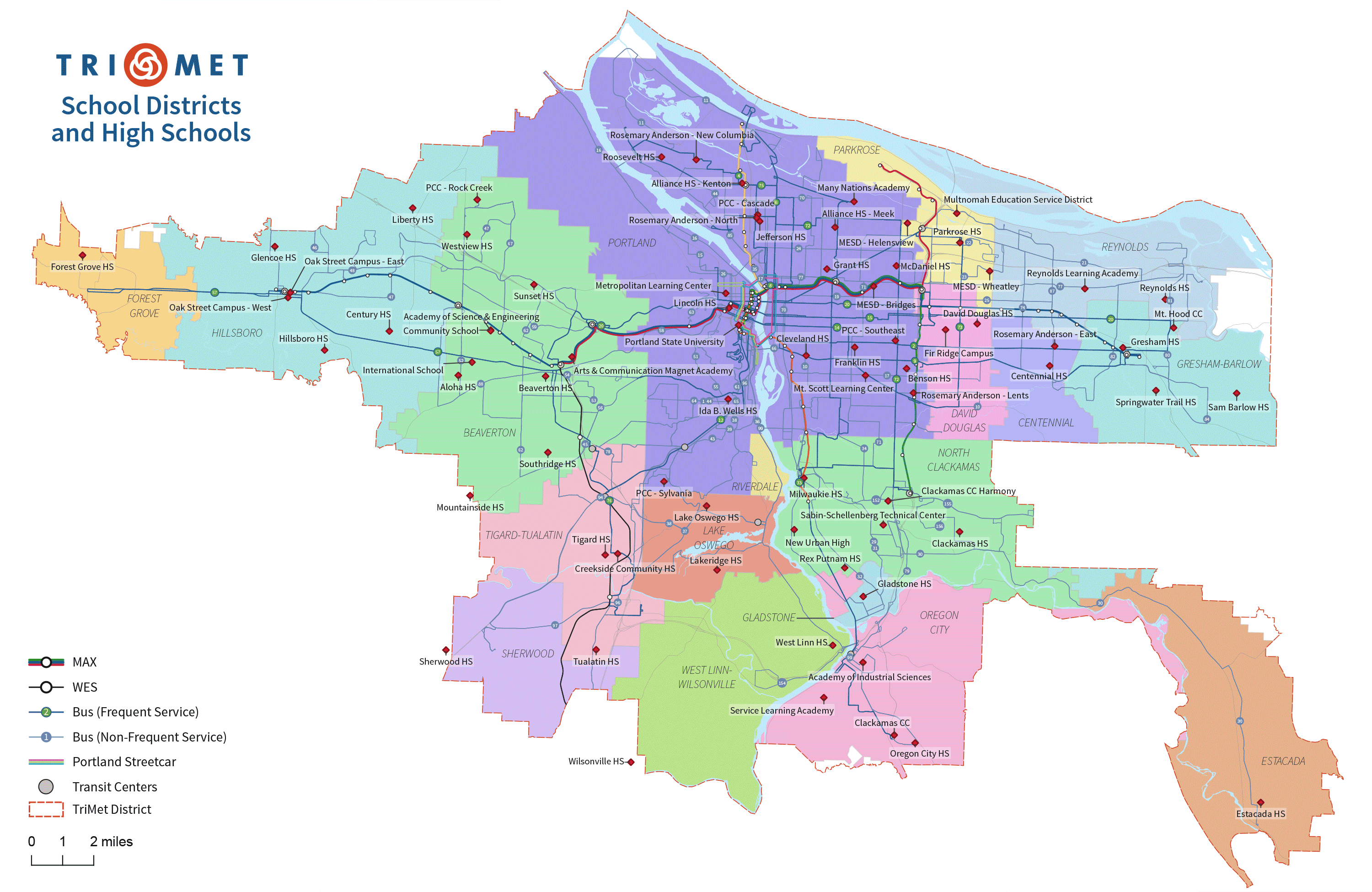 TriMet district map with school districts