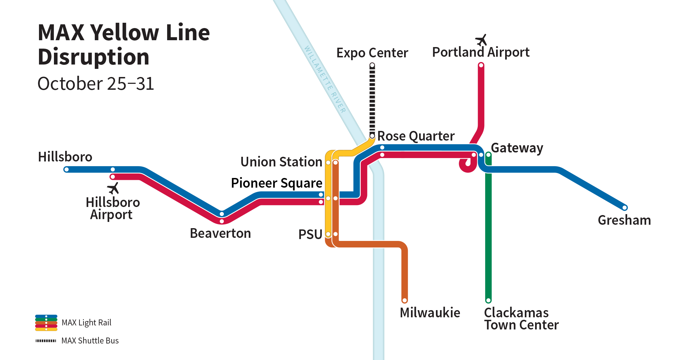 Map shows where shuttle buses replace MAX Yellow Line service between Rose Quarter Transit Center and the Expo Center from October 25th through 31st.