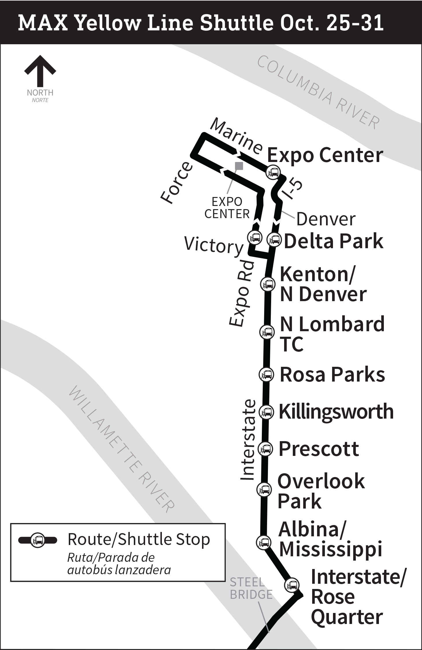 Map shows shuttle bus stops between Rose Quarter Transit Center and the Expo Center from October 25th through 31st.