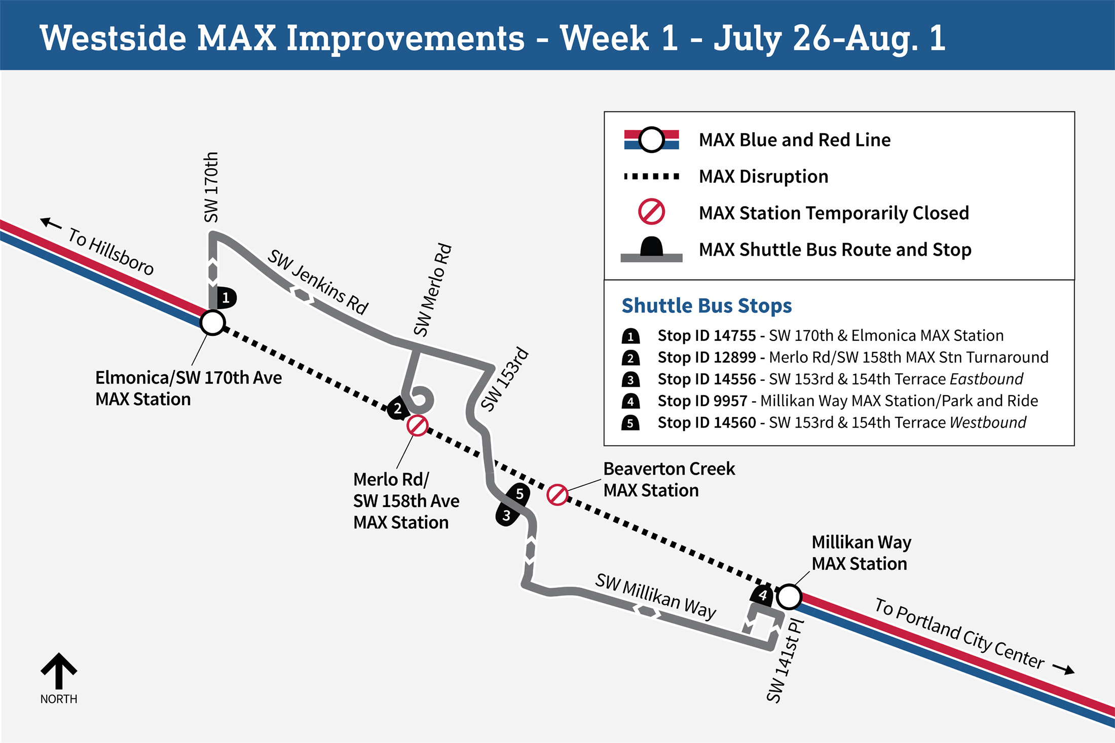 Map showing service disruptions from July 26 to August 1. Shuttle buses will serve all MAX Blue and Red Lines stations from Elmonica/SW 170th to Millikan Way.