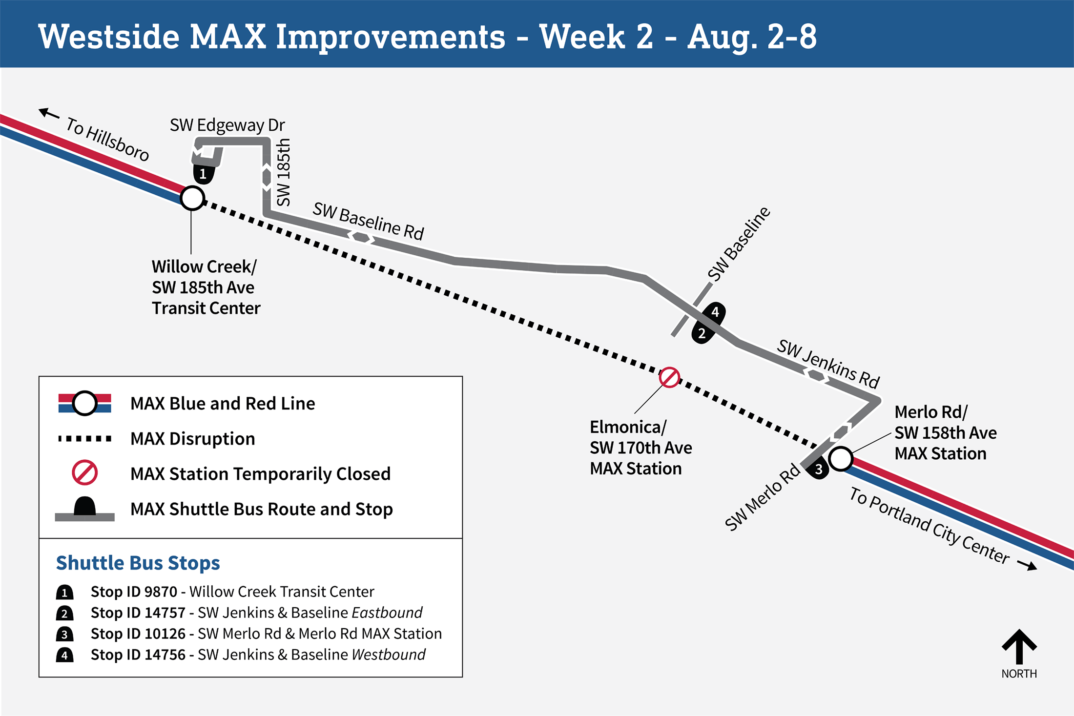 Map showing service disruptions from August 2 - 8. Shuttle buses will serve all MAX Blue and Red Lines stations from Willow Creek/SW 185th to Merlo road/SW 158th.