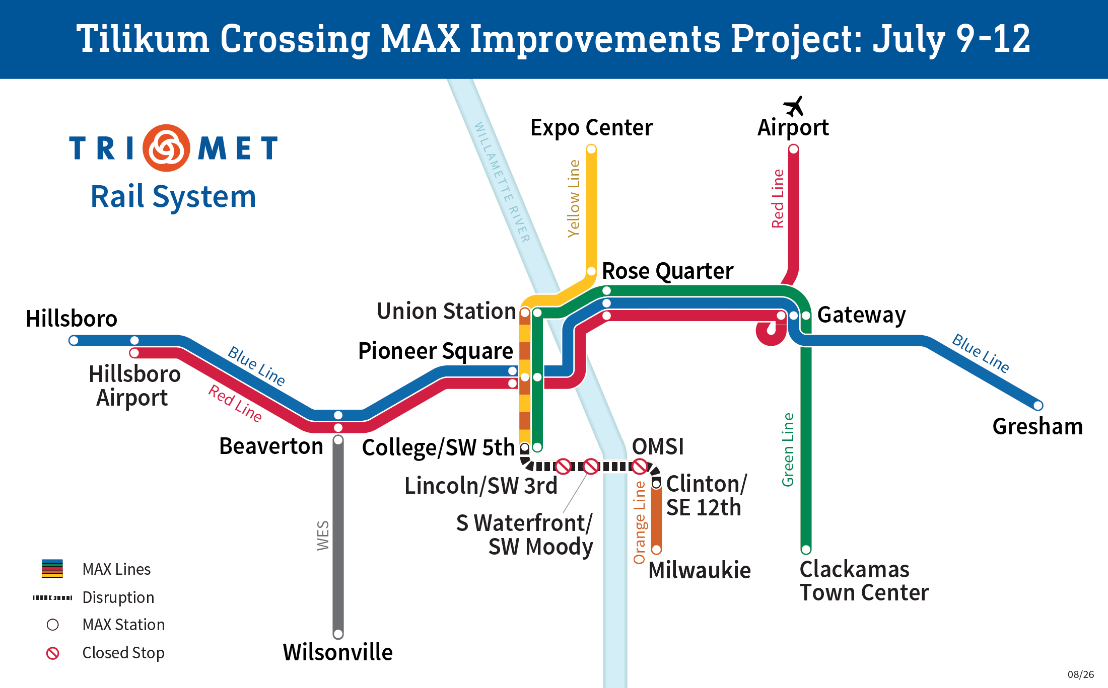 Map of the TriMet Rail System showing service disruptions from July 9-12. MAX Orange Line will be disrupted between College/SW 5th and Clinton/SE 12th. Three stations in between (Lincoln/SW 3rd, S Waterfront/Moody, and OMSI) will be temporarily closed. The disruption will be served by shuttle buses.