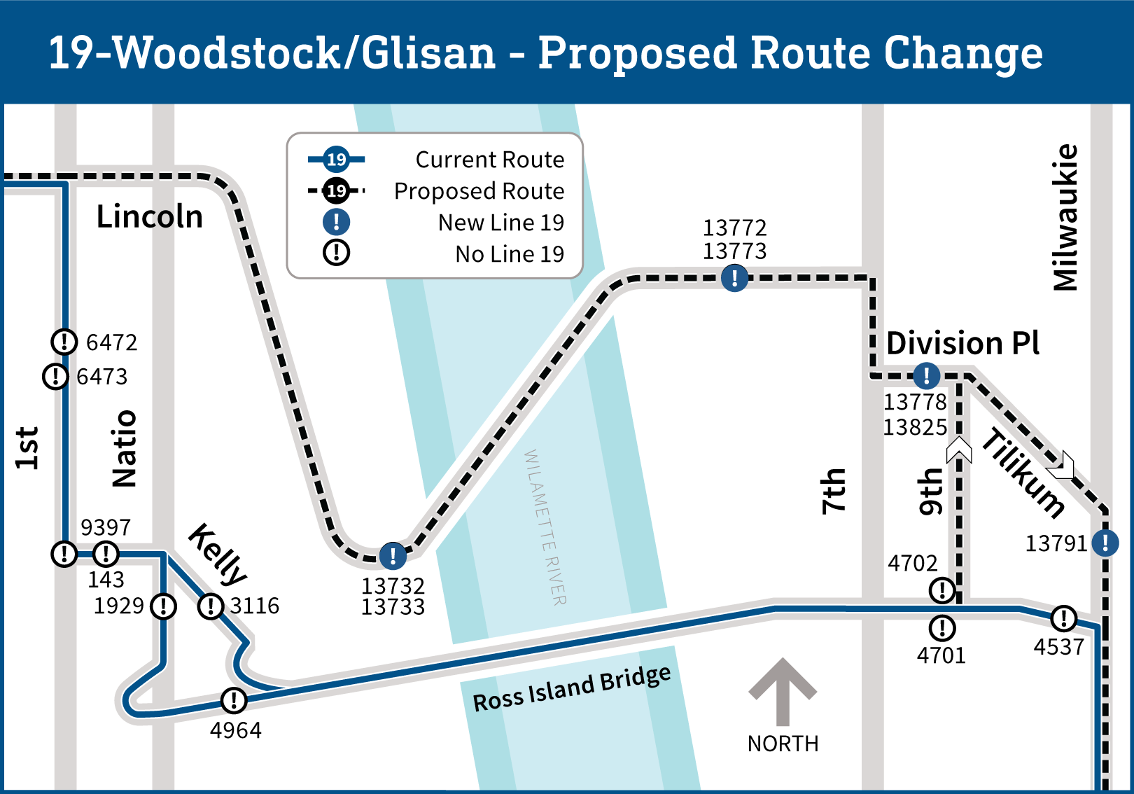 Line 19 proposed route changes Tilikum Crossing map