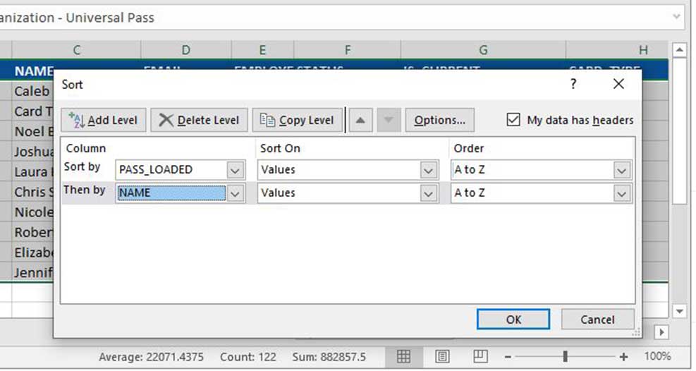 Excel sorting dialog box