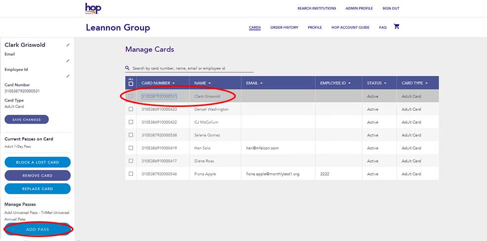 Manage cards page
