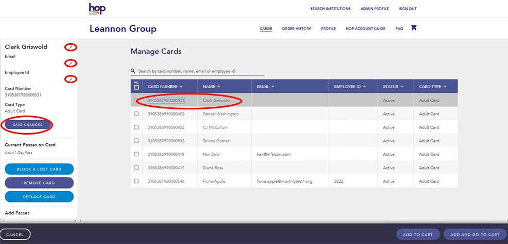 Manage cards page