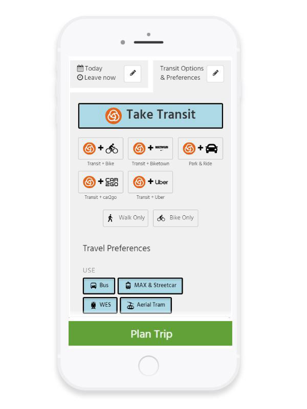 Screenshot of the trip planner showing transit options