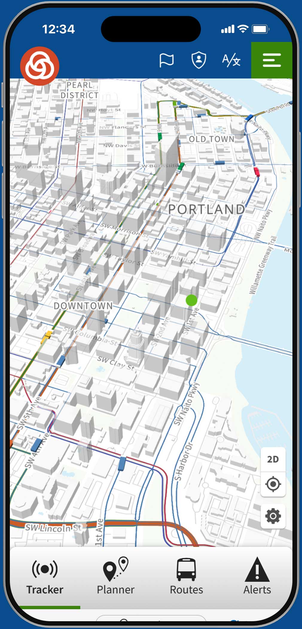 trimet.org on a phone showing the map tilted with 3-D buildings