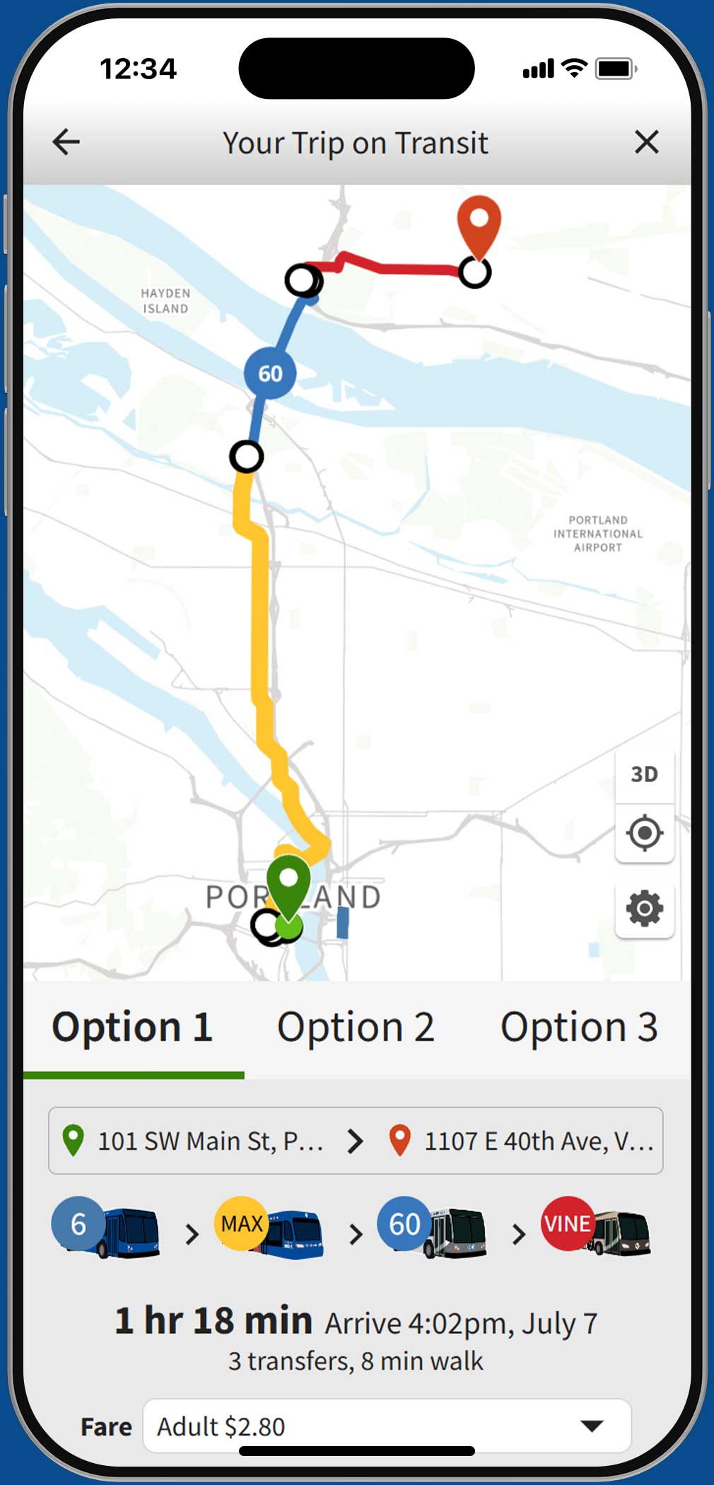 trimet.org on a phone showing a trip from downtown Portland to Vancouver, Washington using TriMet and C-TRAN services