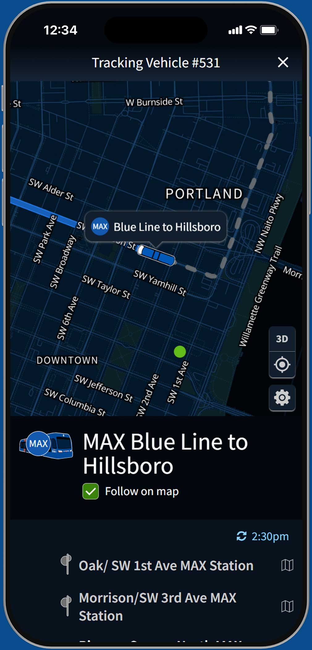 trimet.org on a phone using a dark background