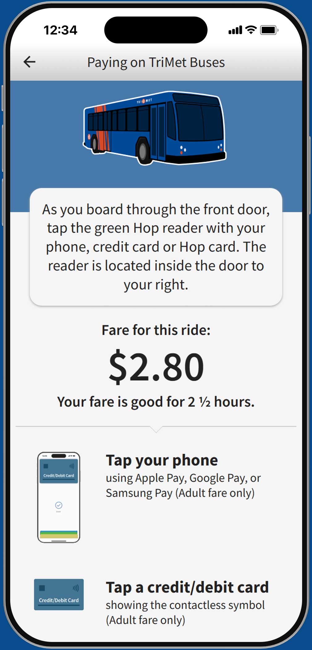 trimet.org on a phone showing a trip from downtown Portland to Vancouver, Washington using TriMet and C-TRAN services