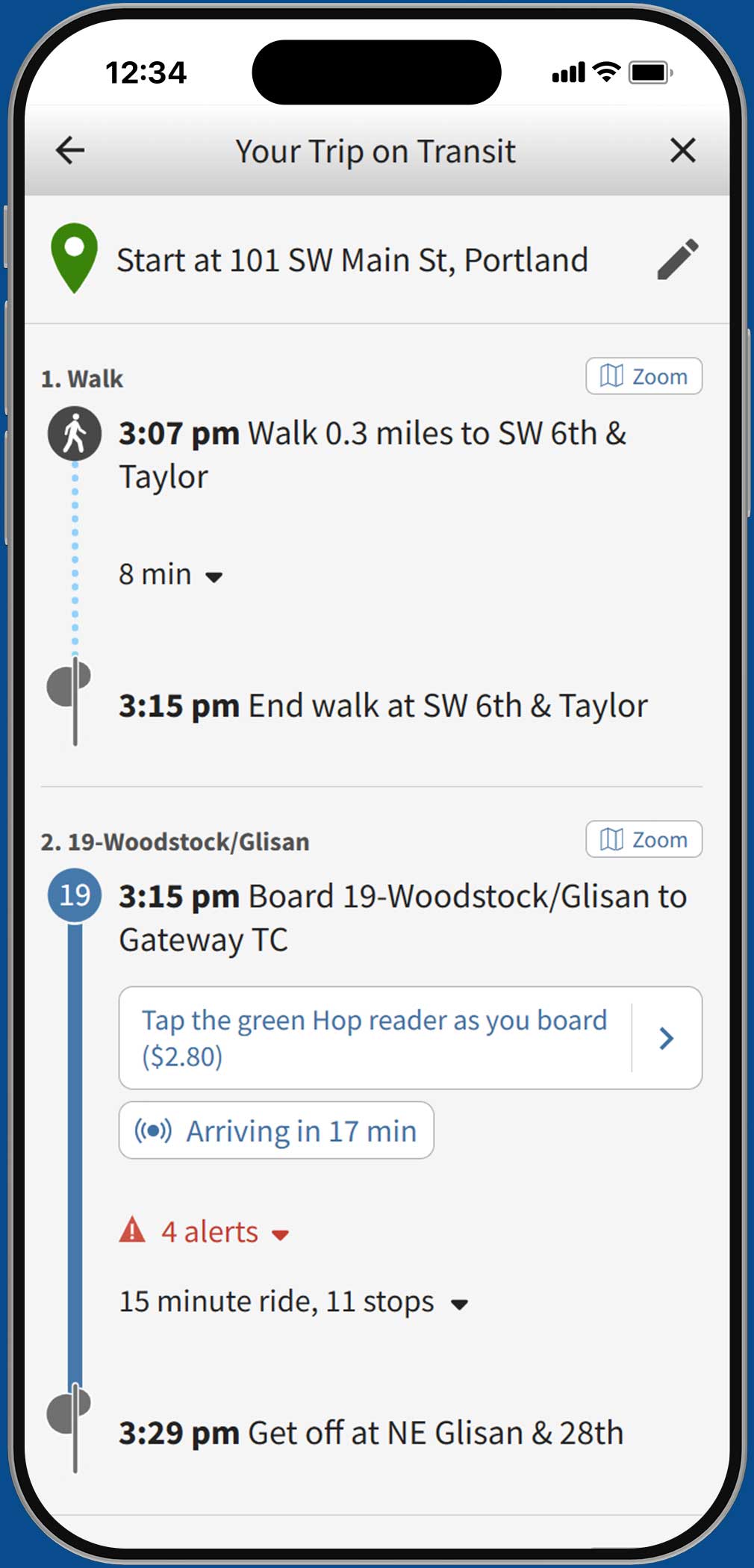 trimet.org on a phone showing a trip from downtown Portland to Vancouver, Washington using TriMet and C-TRAN services