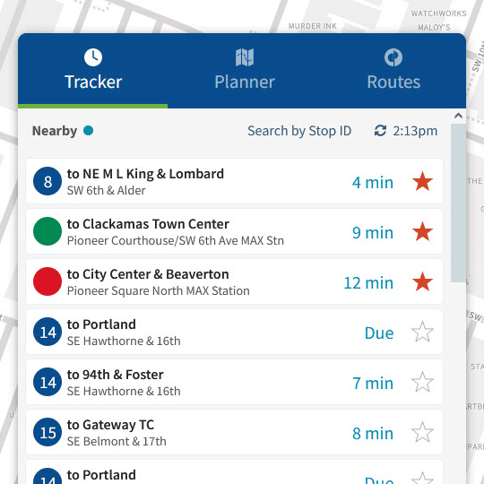 screenshot showing a list of favorite stops