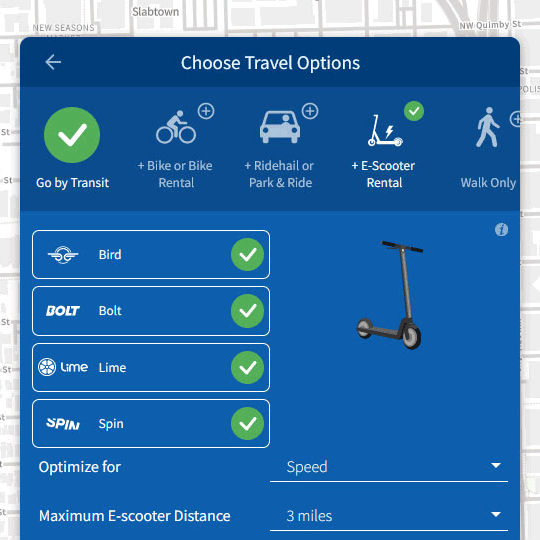 screenshot showing trip options