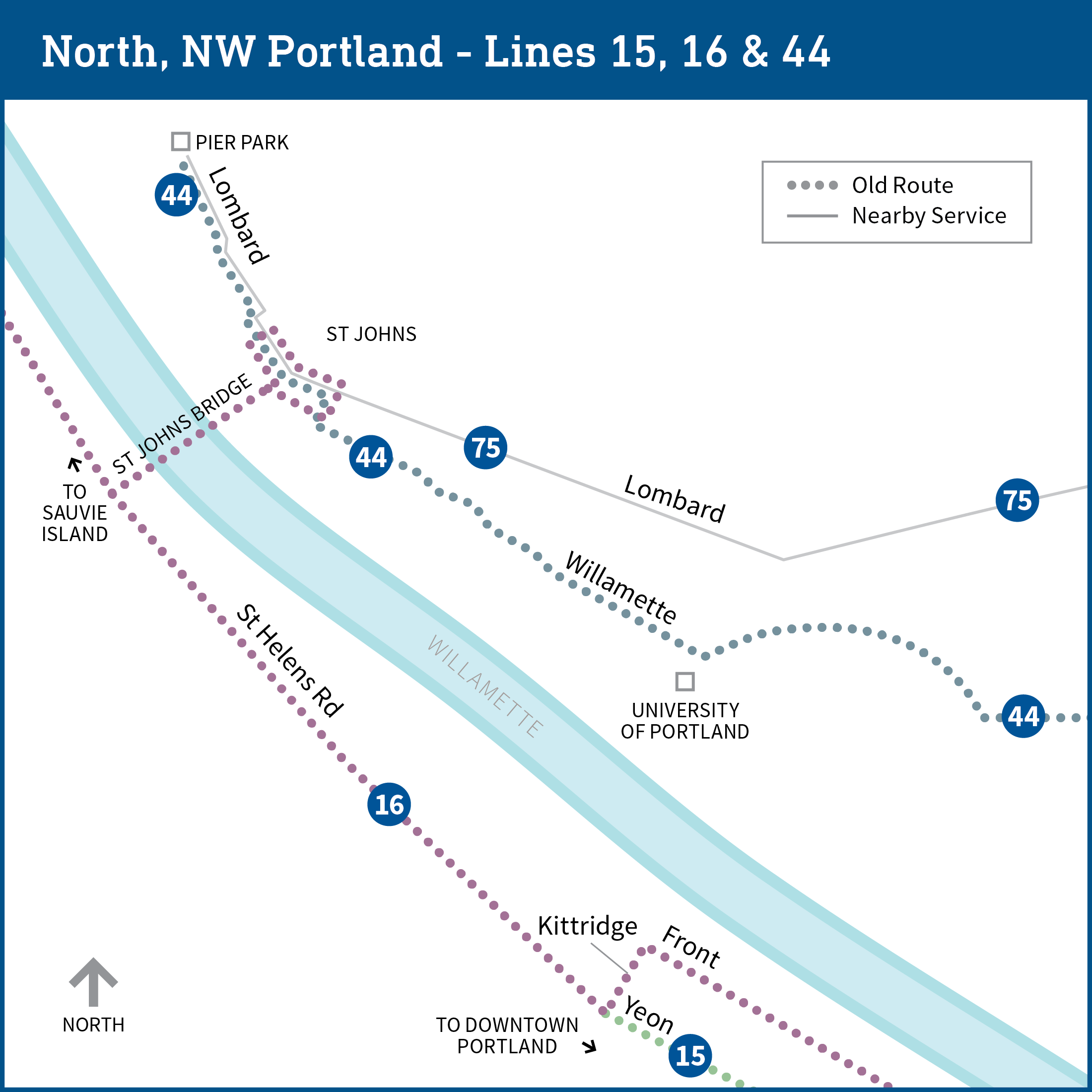 Map of north and northwest Portland shows current routes for bus lines 15, 16, 44 and 75.
