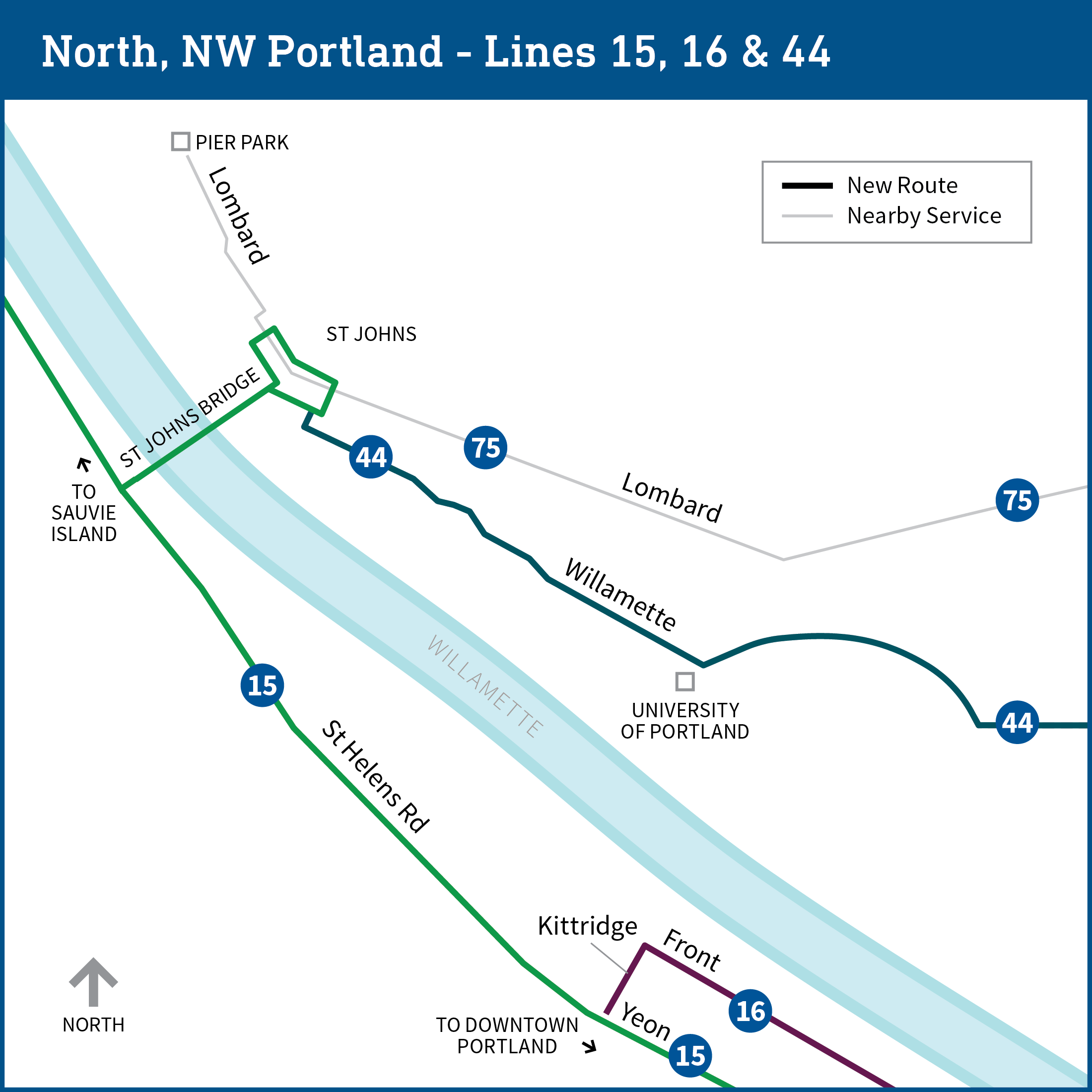 Map of north and northwest Portland shows proposed route changes for bus lines 15, 44 and 75. With these changes, line 16 would be eliminated and line 44 would be reduced. Further details provided on page.