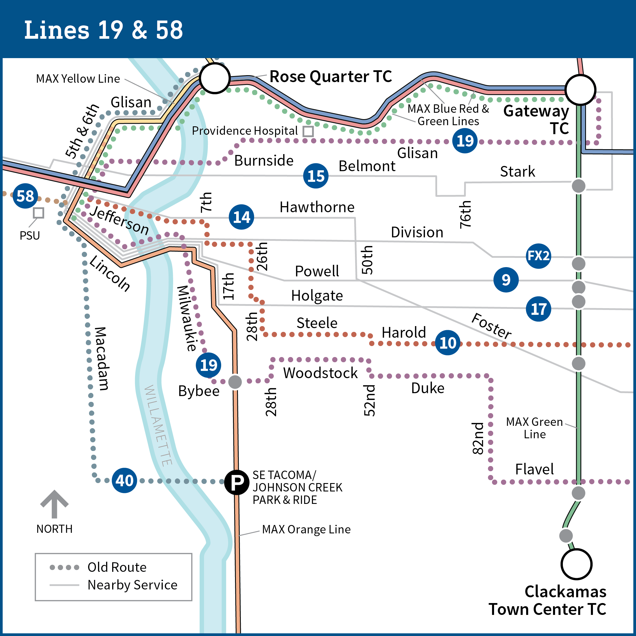 Map of SE Portland shows current bus route for lines 19 and 58.
