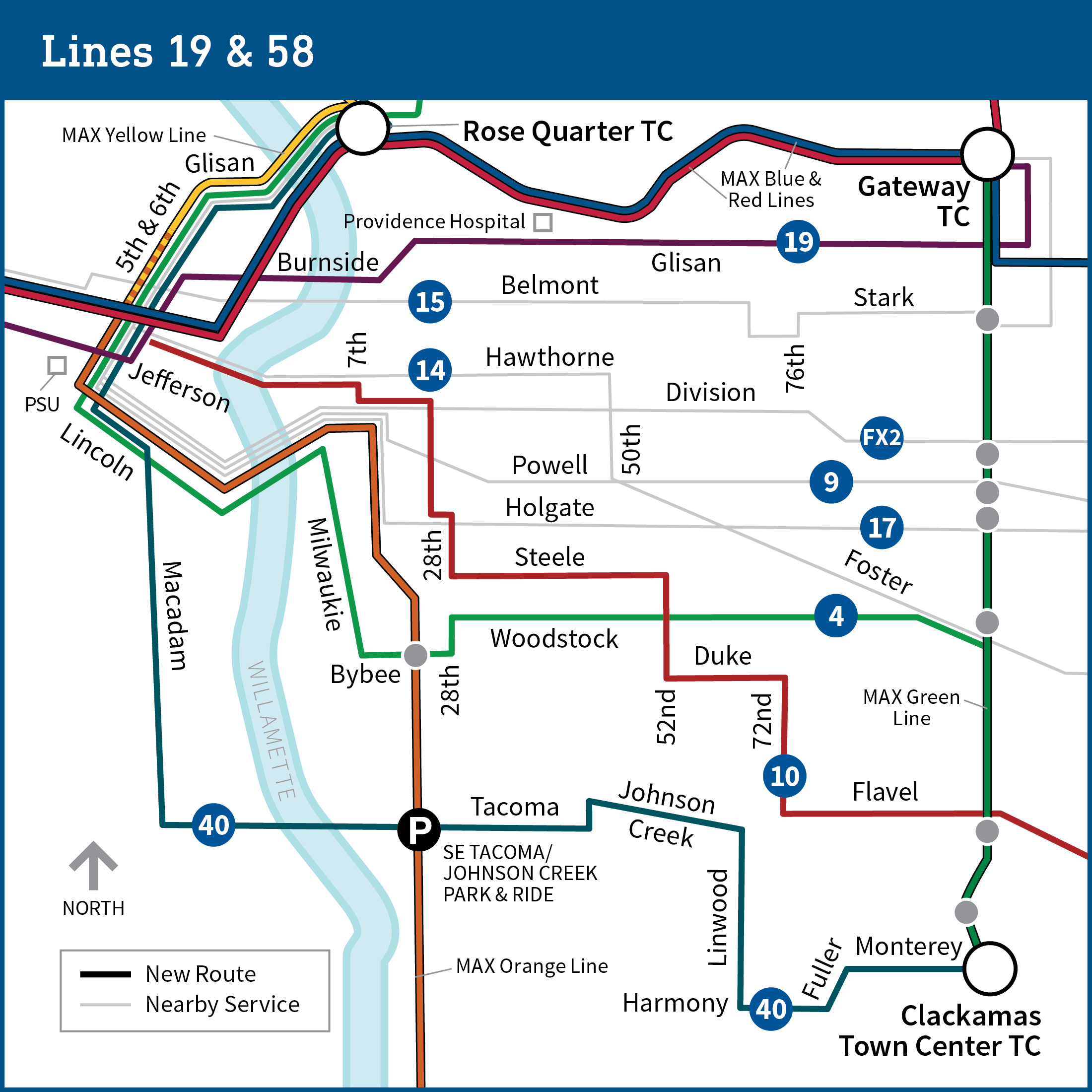Map of SE Portland shows proposed changes, where line 19 would be eliminated with other existing lines providing service to the same area, including line 20 and MAX Orange, Yellow, Blue, Red, and Green lines.