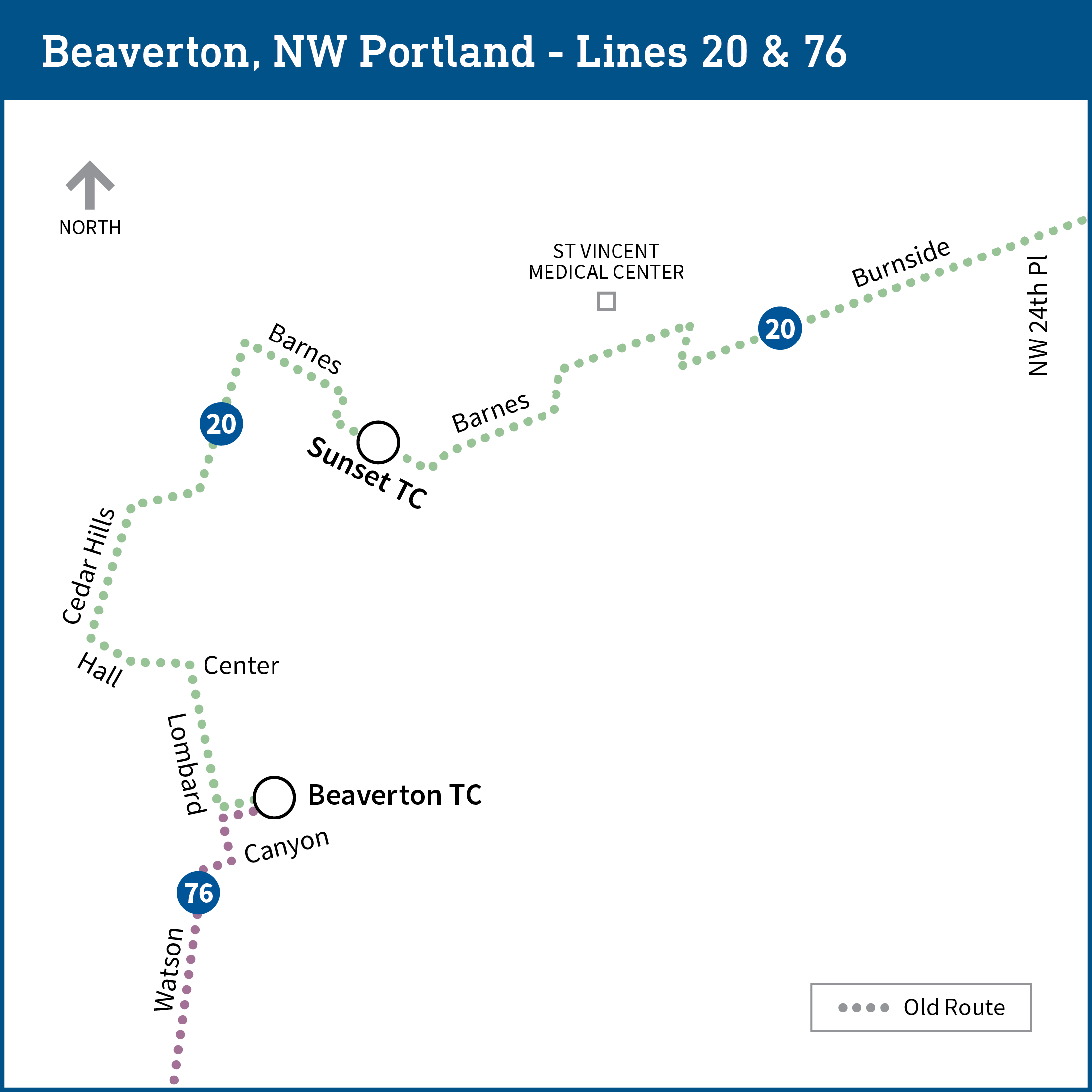 Map shows current routes for bus lines 20 and 76, both of which have an end point at Beaverton Transit Center, with line 20 continuing roughly north and northwest and line 76 travelling south.