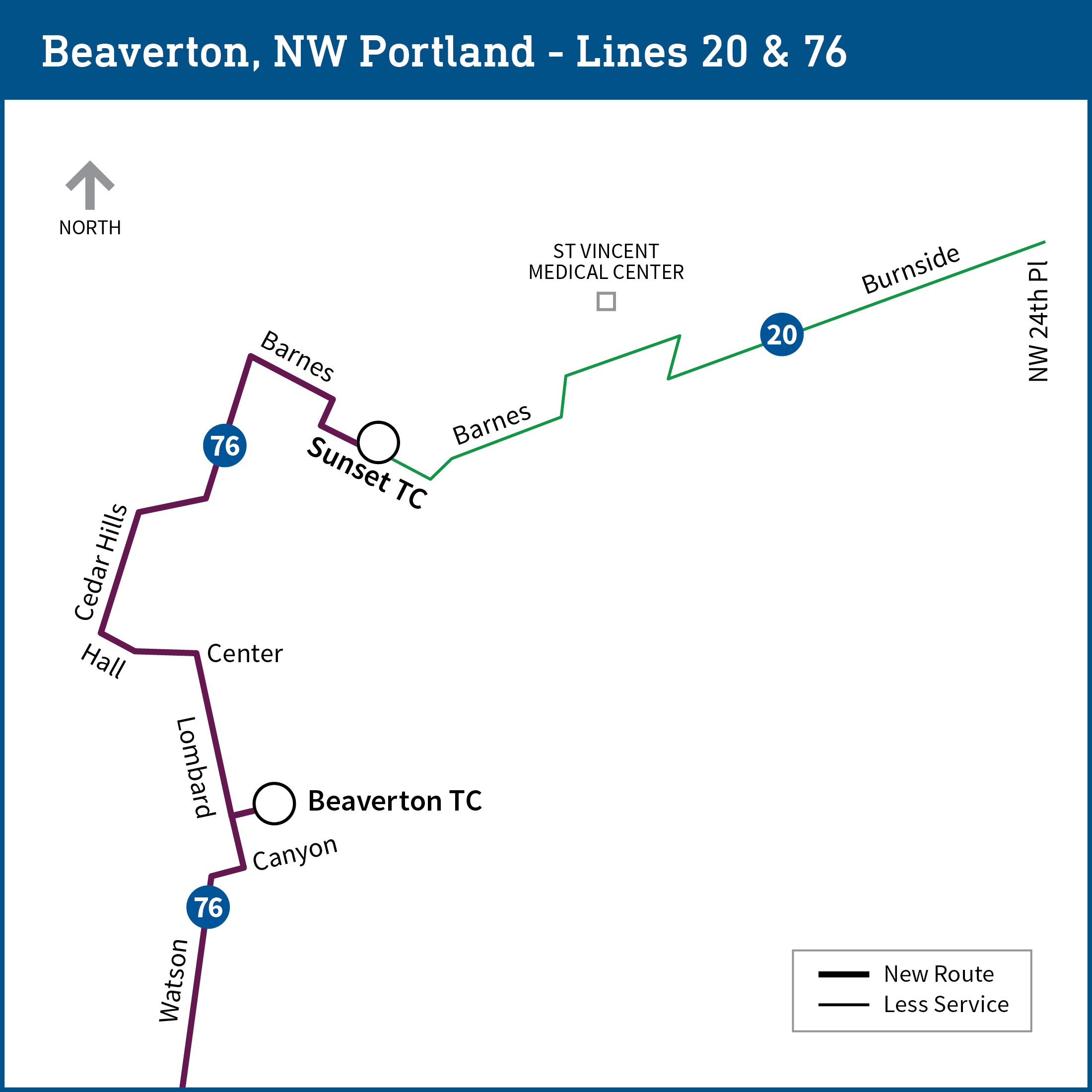 Map shows proposed route changes for bus lines 20 and 76, where line 76 would replace line 20 from Beaverton Transit Center to Sunset Transit Center.