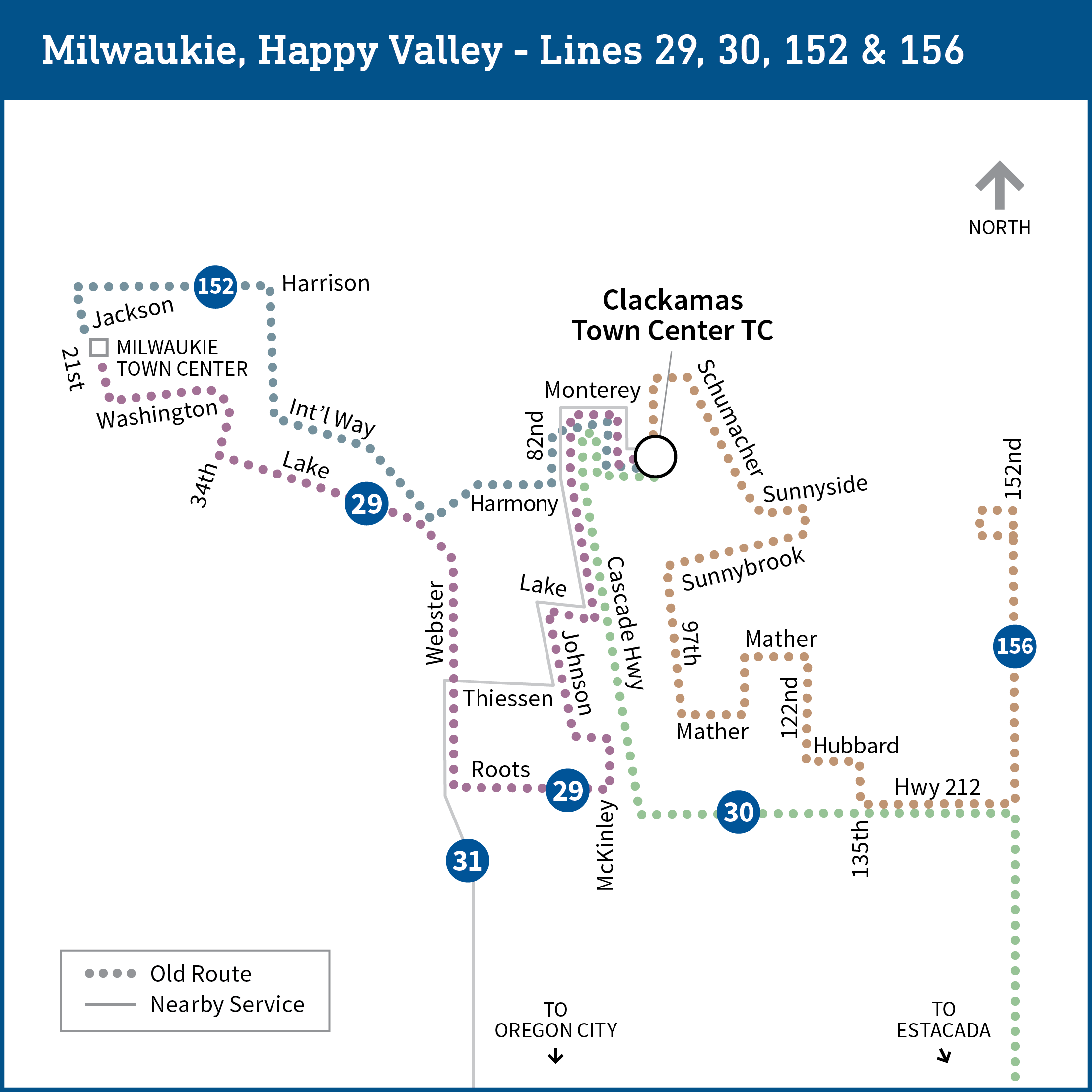 Map shows the Clackamas area with current transit lines, including bus lines 29, 30, 31, 152 and 156.