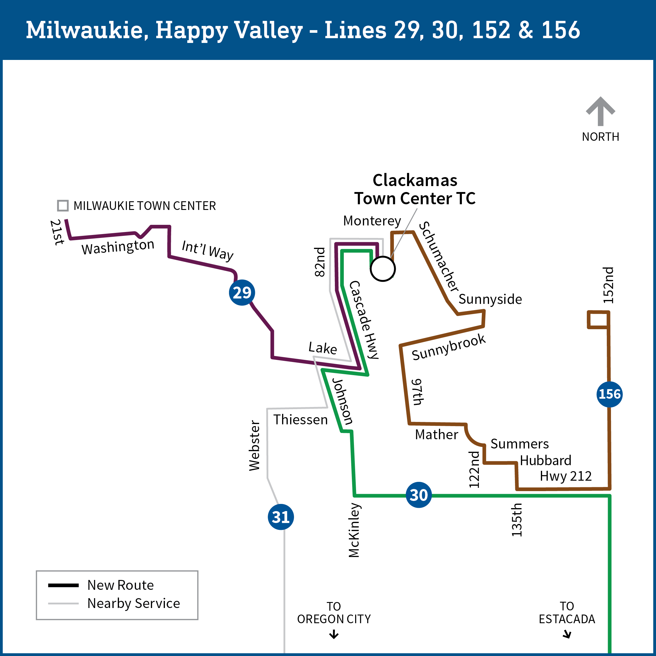 Map shows the Clackamas area with bus lines 29, 30, 31, 152 and 156. All lines pictured except line 31 show proposed changes as detailed on the page.