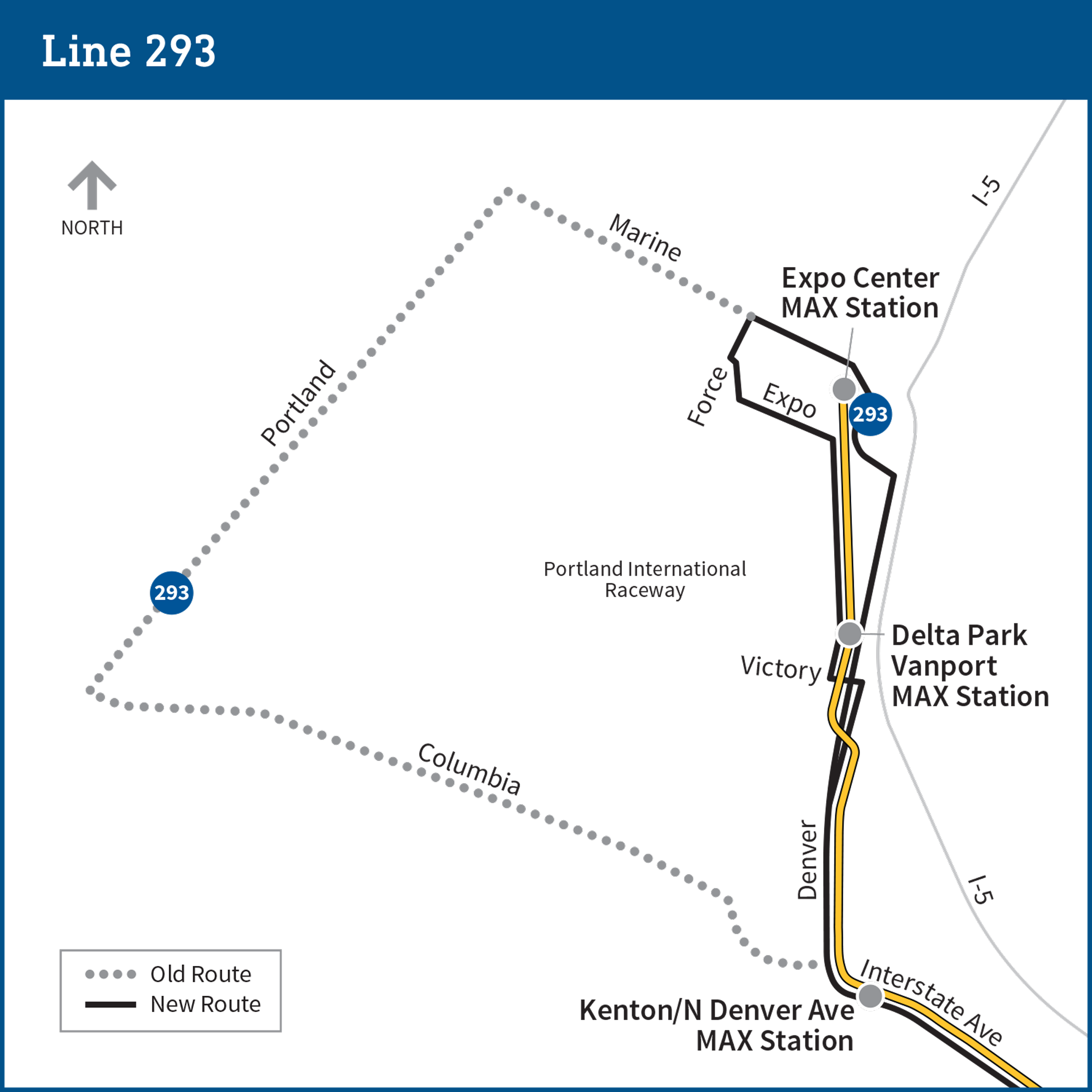 El mapa muestra un tramo de la ruta de autobús 293 Yellow desde Kenton/N Denver hasta el Expo Center. La nueva ruta hará un circuito en lugar de prestar servicio a Columbia Blvd, Portland Ave y Marine Drive.