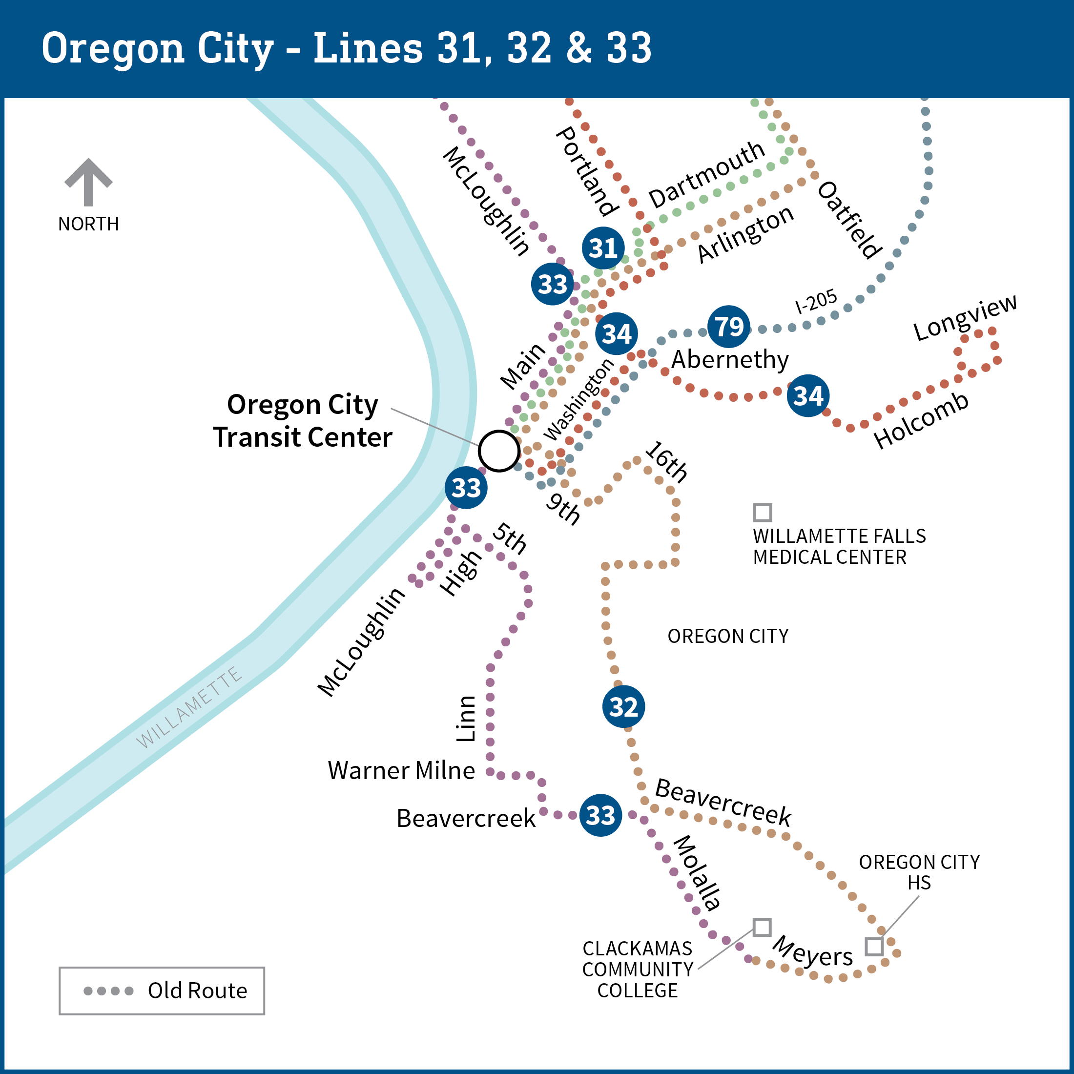 Map shows current routes for bus lines 31, 32, and 33 to and from Oregon City Transit Center.