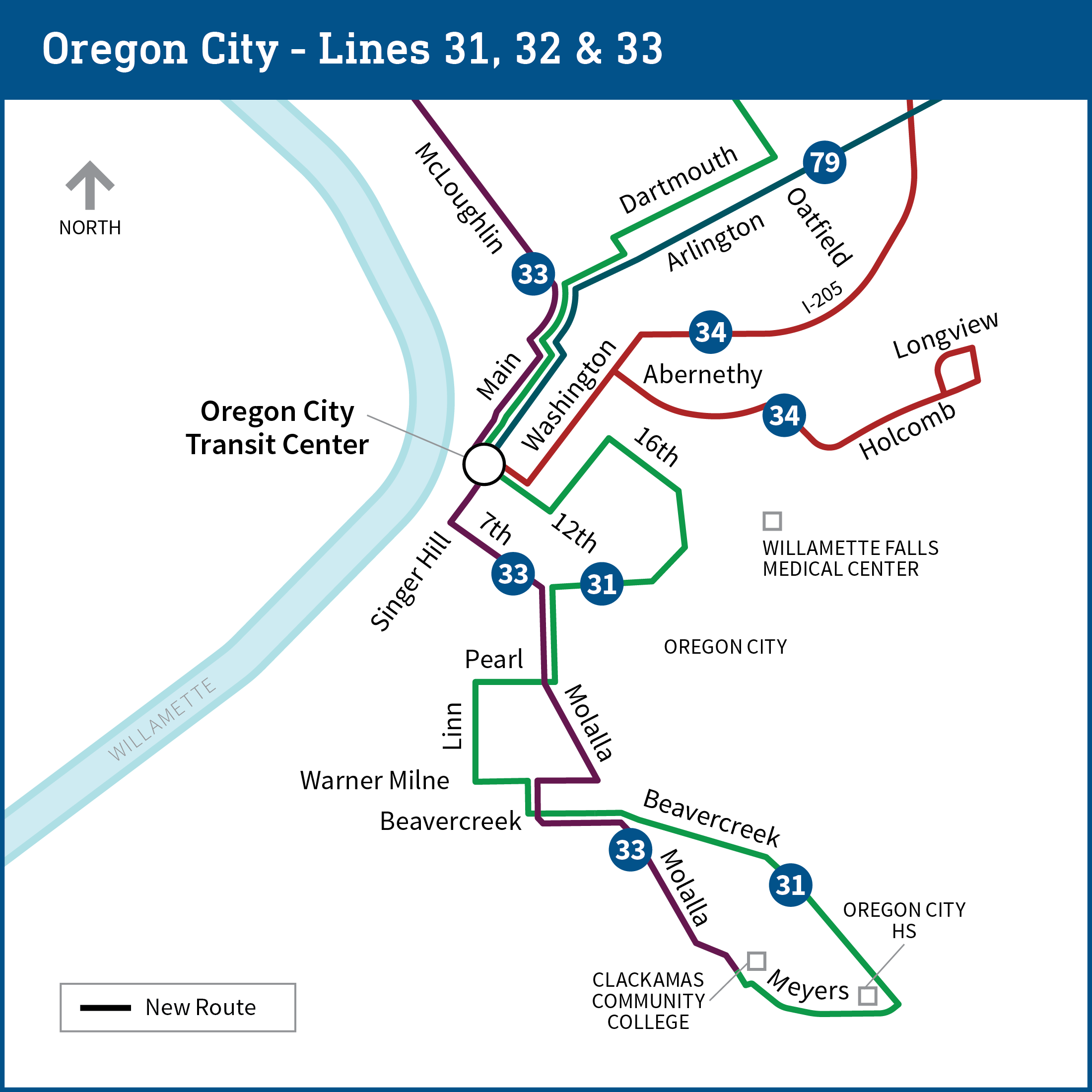 Map shows proposed changes for bus lines 31, 32, and 33 in the Oregon City area. Line 32 is eliminated, with lines 31 and 33 adjusted to provide coverage, as further detailed on the page.