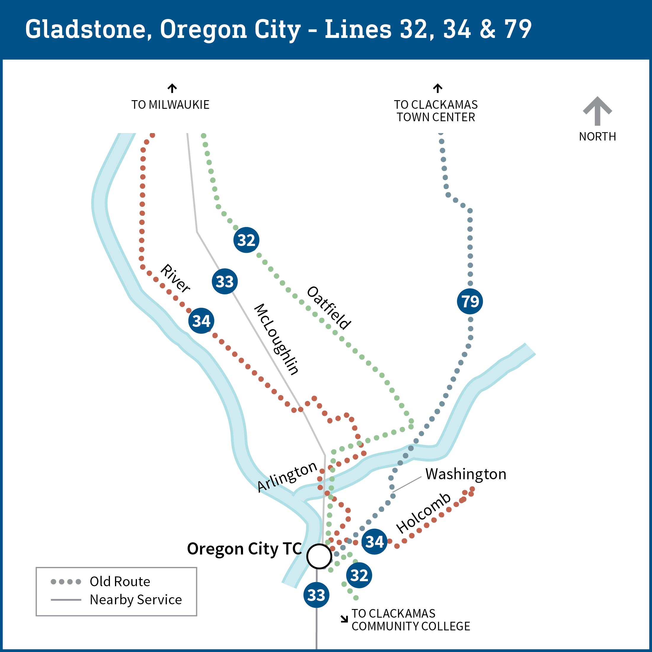 Map shows current routes for bus lines 32, 33, 34 and 79 to Oregon City Transit Center.