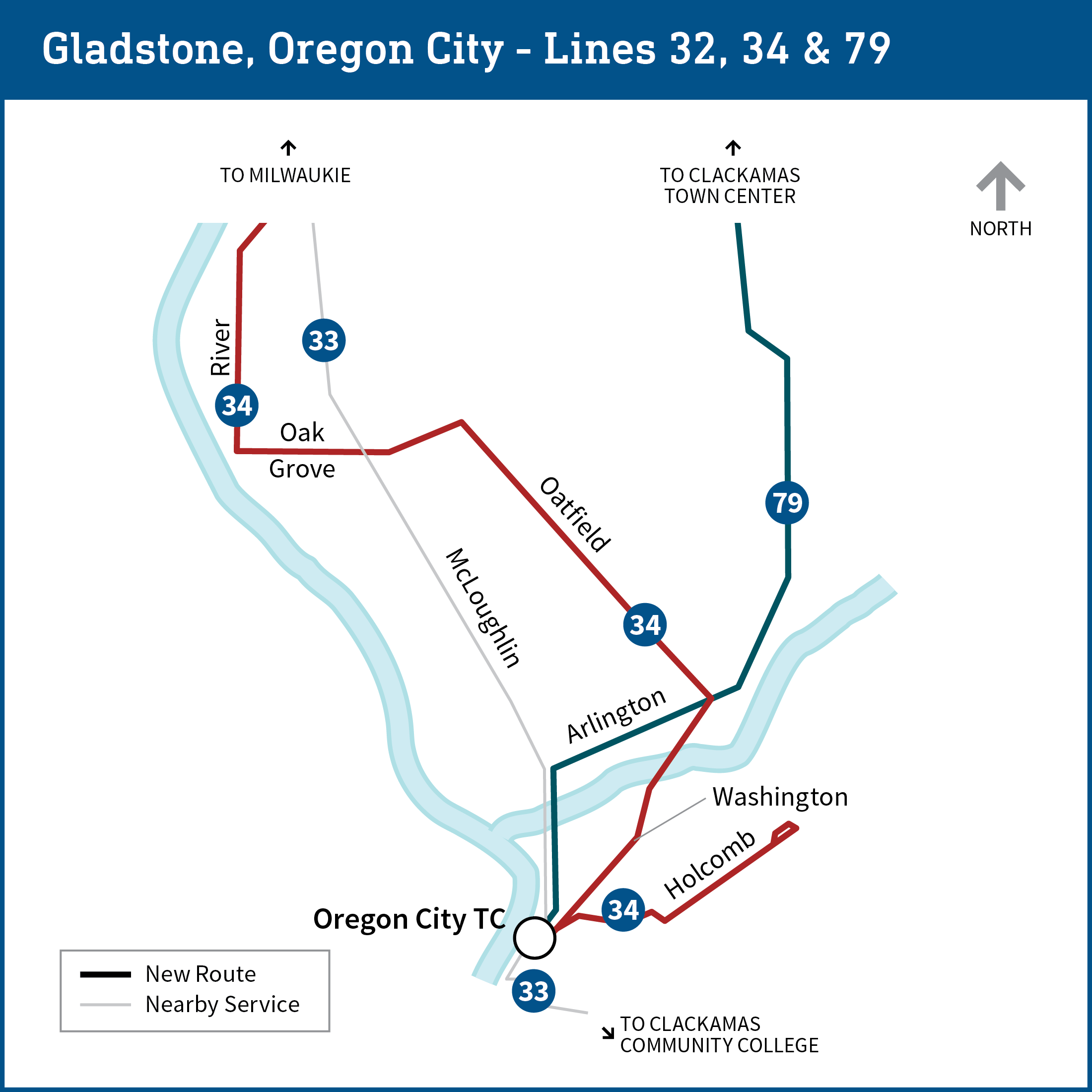Map shows proposed changes for bus lines 32, 33, 34 and 79 with service to Oregon City Transit Center. Line 32 is eliminated, with lines 34 and 79 adjusted to provide coverage, as further detailed on the page.