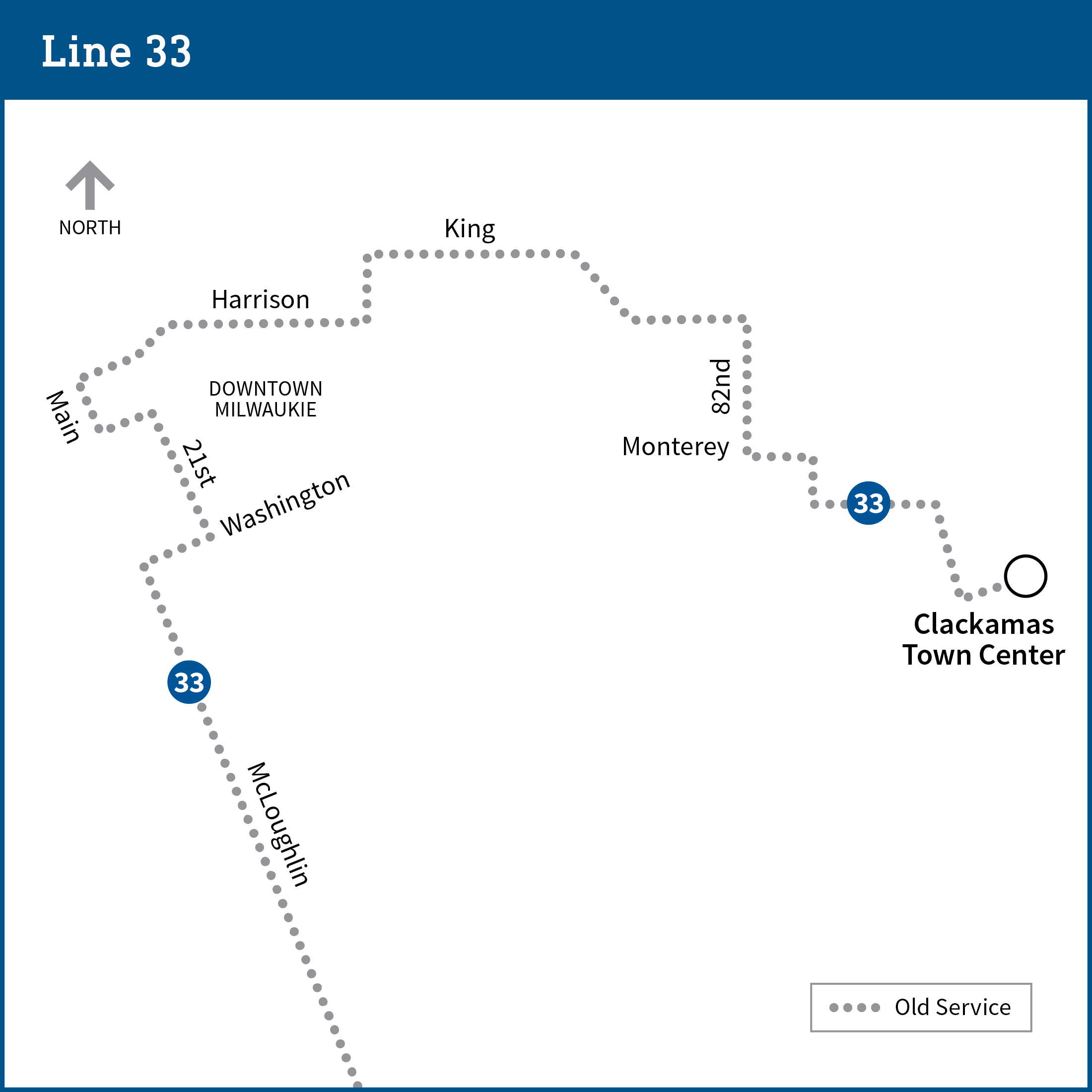 Map shows a portion of the line 33 route from McLoughlin to Clackamas Town Center.