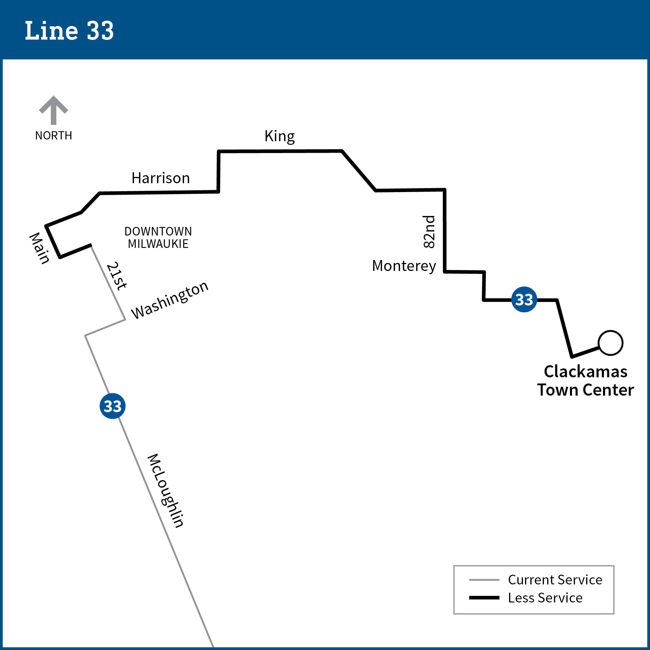 Map shows a portion of the line 33 route from McLoughlin to Clackamas Town Center. The route from Main to Clackamas Town Center is highlighted to show the proposal of where service would be reduced to once an hour after 8pm.
