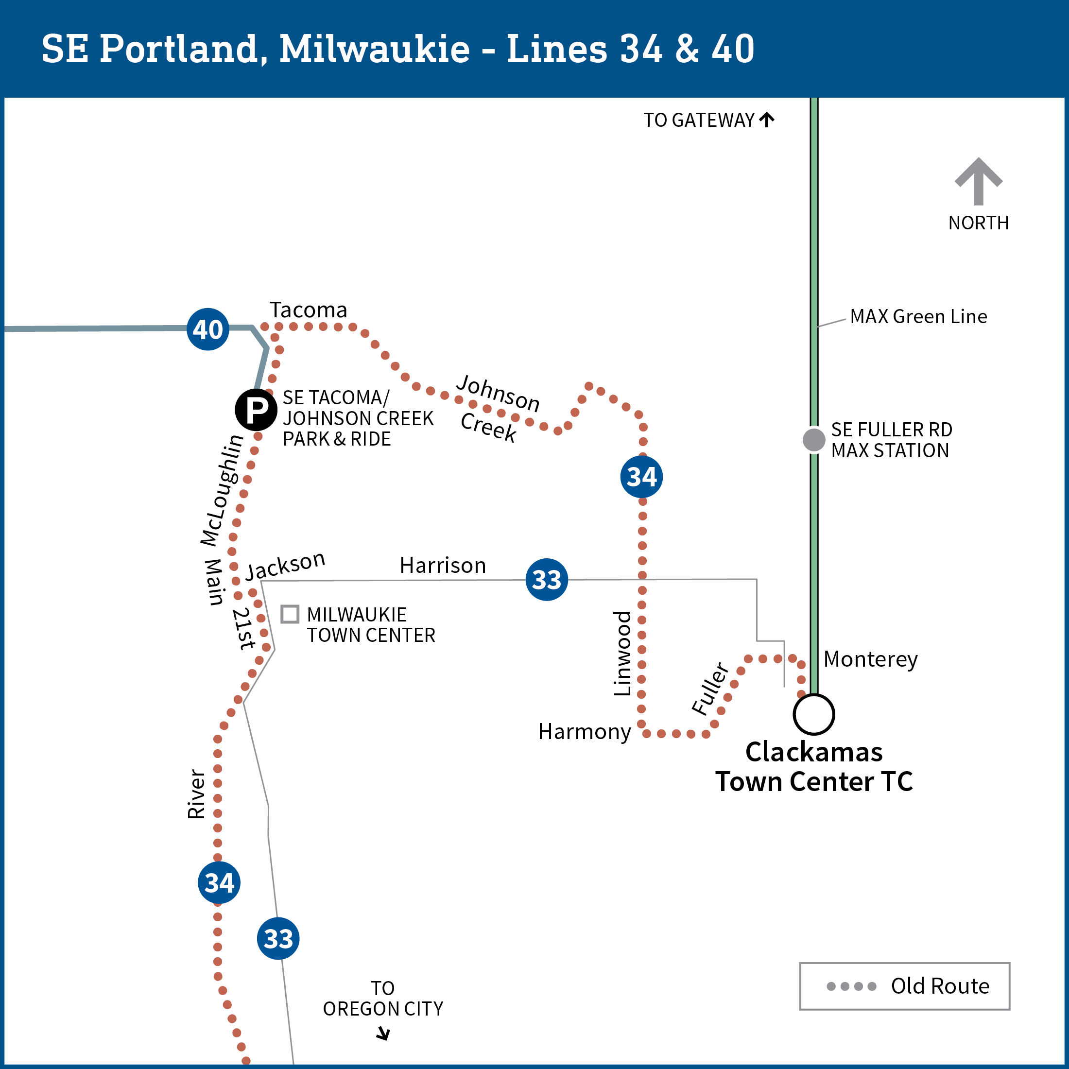 Map shows the Clackamas area with current transit lines, including bus lines 34 and 40.