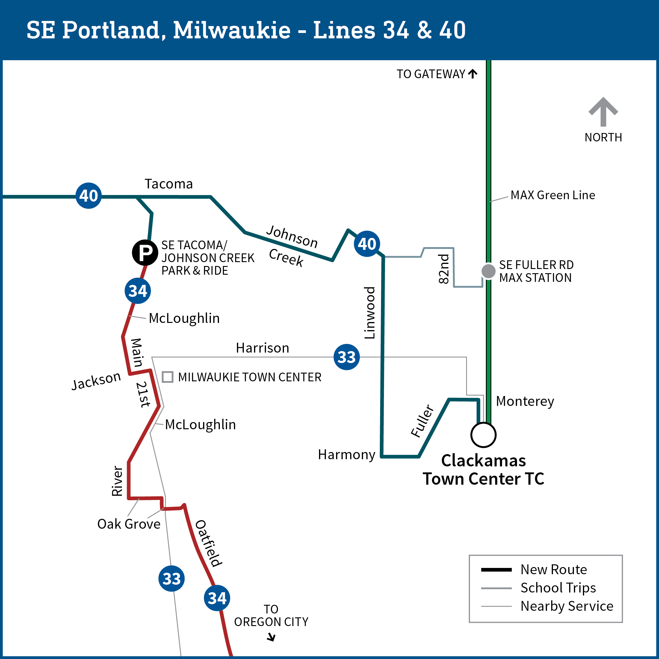 Map shows the Clackamas area with bus lines 34 and 40. All lines pictured except line 31 show proposed changes as detailed on the page.