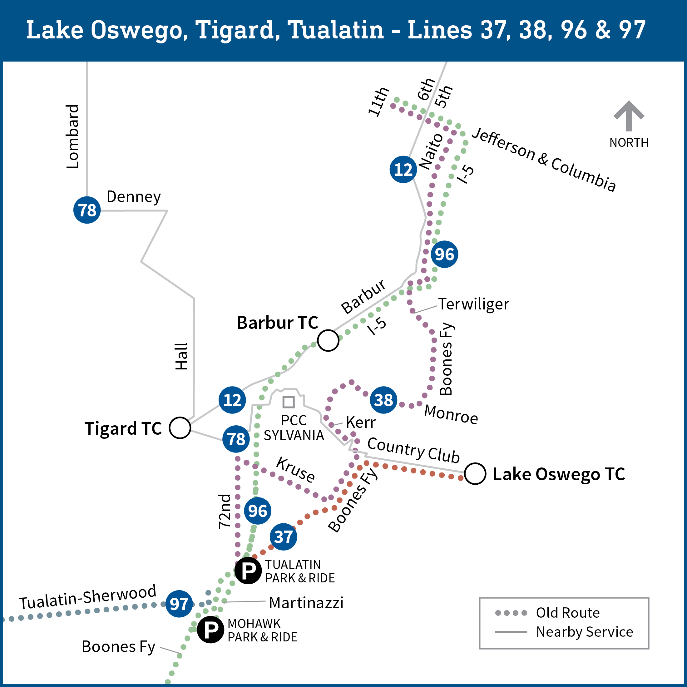 Map of Lake Oswego, Tigard and Tualatin areas shows current bus routes for lines 12, 37, 38, 78 and 96.