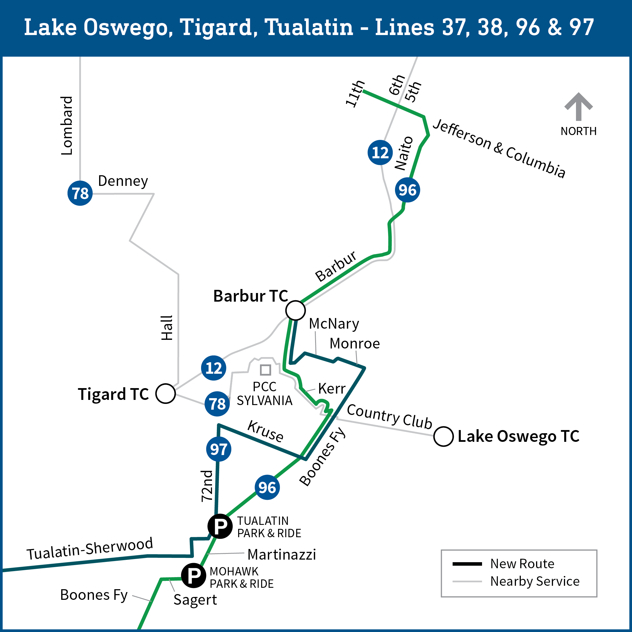 Map of Lake Oswego, Tigard and Tualatin areas shows proposed changes for lines 12, 37, 38, 78 and 96 as further detailed on page.