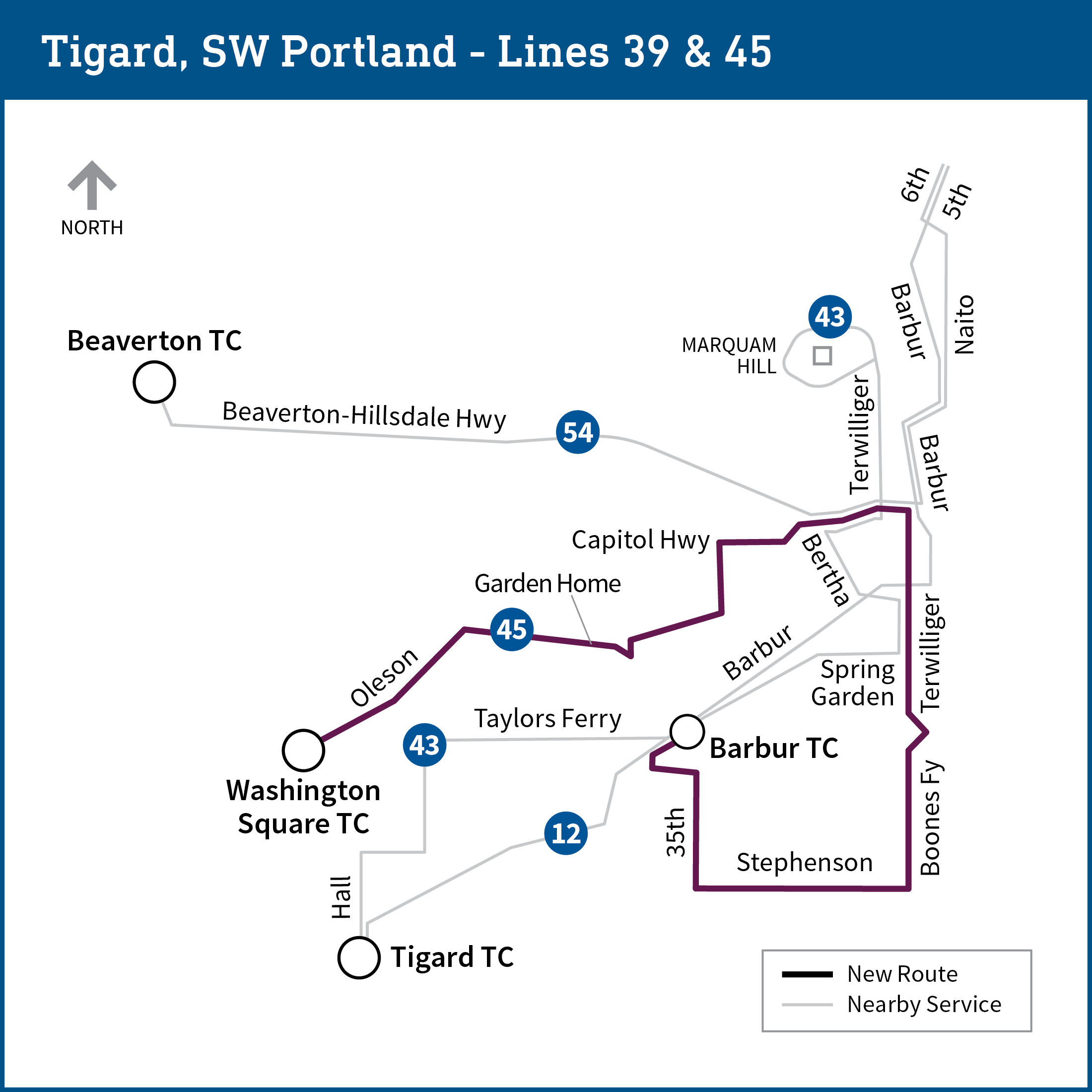 Map of Tigard and SW Portland areas shows proposed changes for bus lines 12, 39, 43, 45 and 54, with the following transit centers highlighted on the map: Beaverton, Washington Square, Tigard and Barbur. With these changes, line 39 would be eliminated and line 45 would undergo changes to both replace line 39 service and reduce service where other lines already run. See page for further details.
