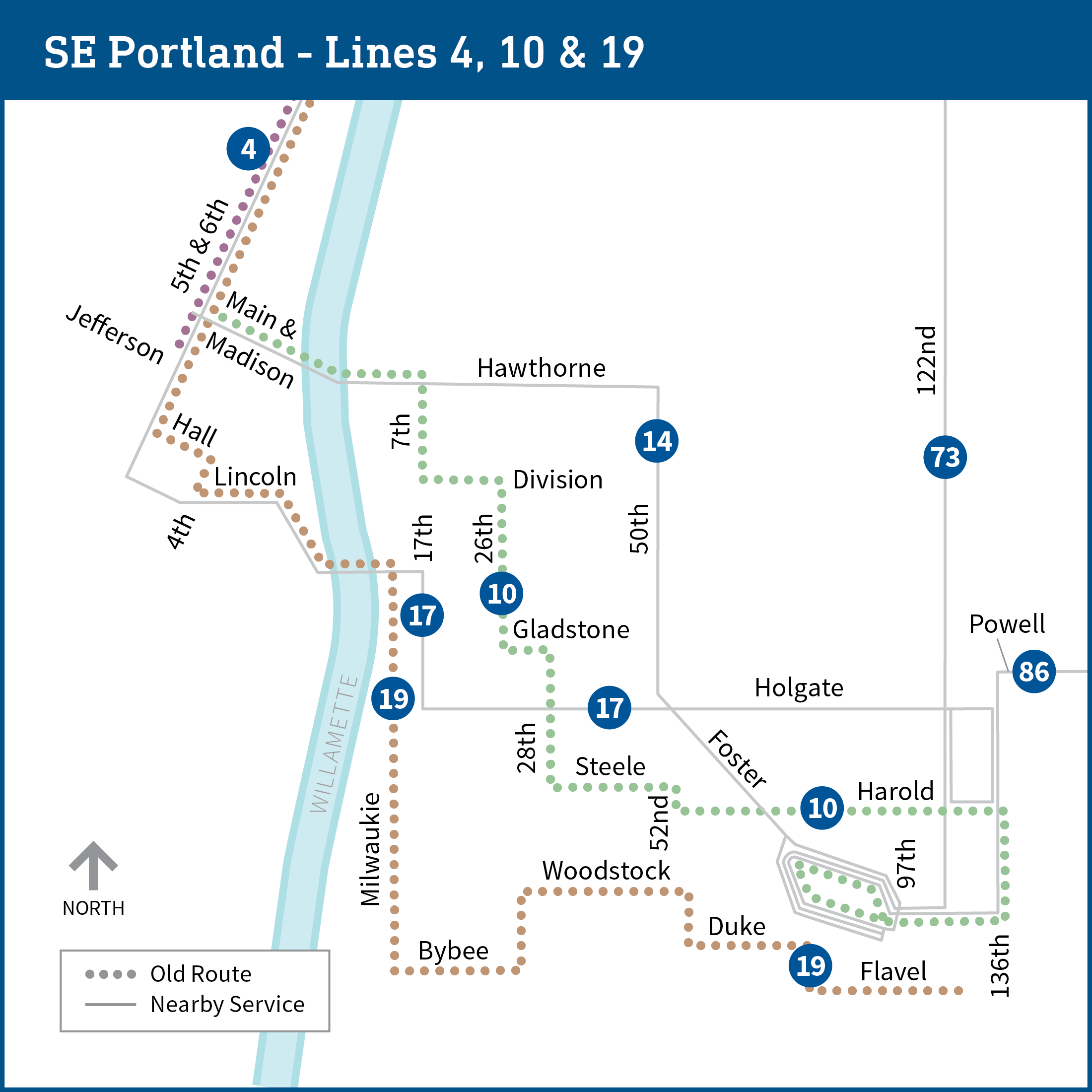 Map shows parts of southeast and downtown Portland with current transit lines, including bus lines 4, 10, 14, 17, 19, 73, and 86.