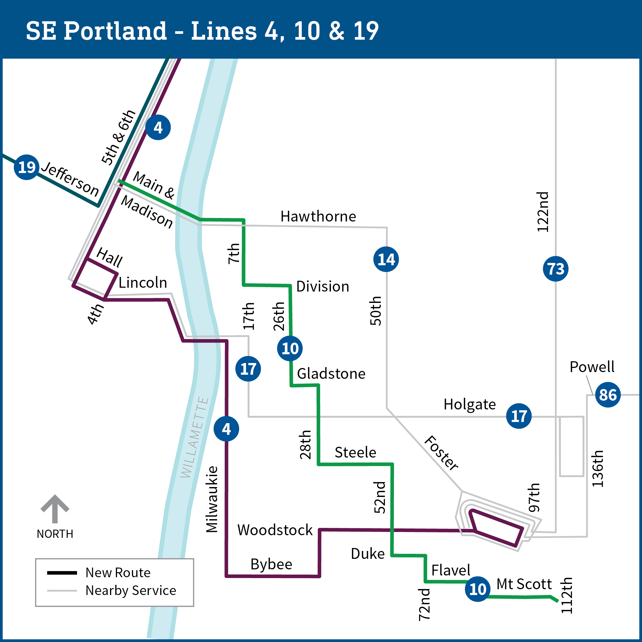 Map shows parts of southeast and downtown Portland with transit lines, including bus lines 4, 10, 14, 17, 19, 73, and 86. Lines 4, 10, and 19 show proposed changes as described on the page.