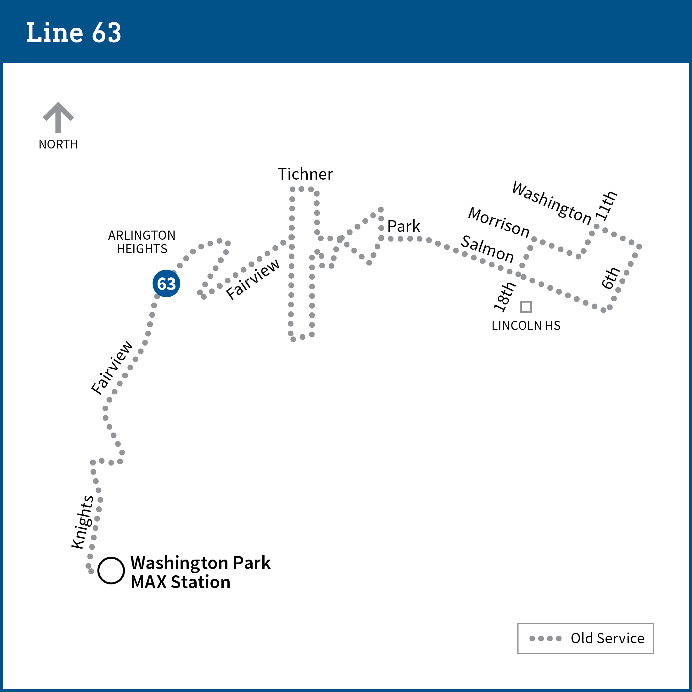 Map of Southwest Portland shows current bus route for line 63.