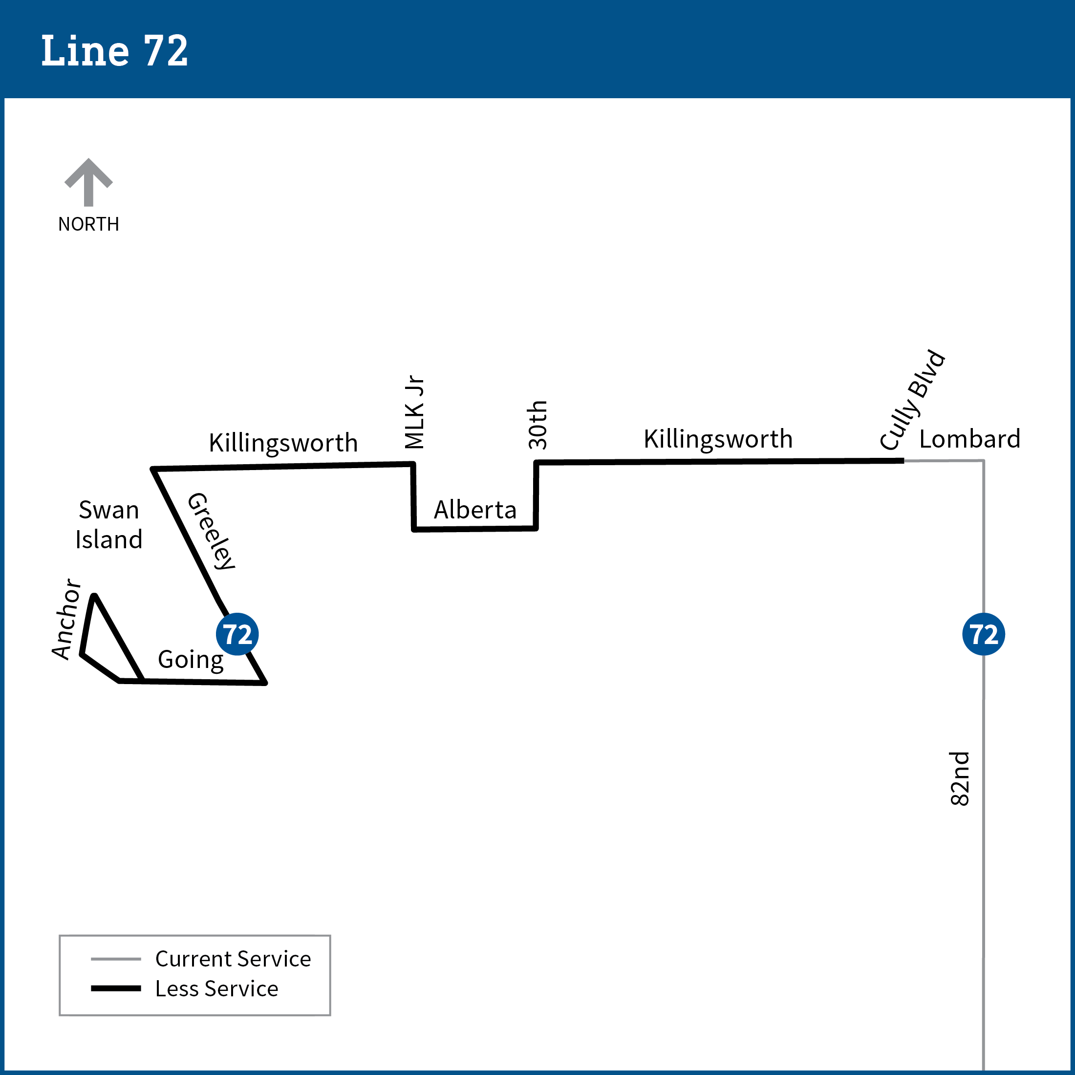Map shows a segment of the line 72 bus route from Swan Island to 82nd Ave. A portion of the route from Swan Island to Cully Blvd is highlighted to show where proposed changes would take effect, as further detailed on the page.