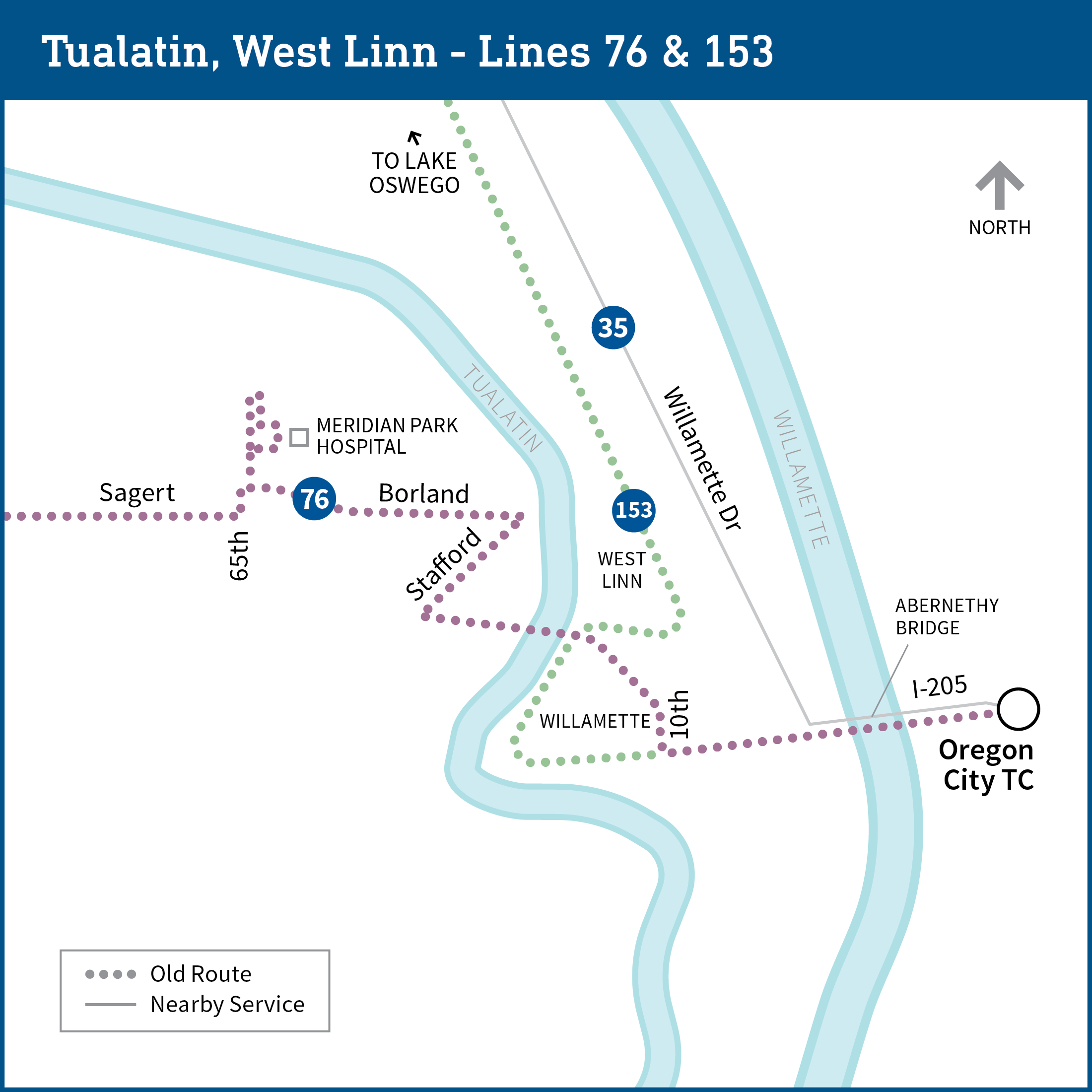 Map of West Linn and surrounding area shows current bus routes for lines 76 and 153.