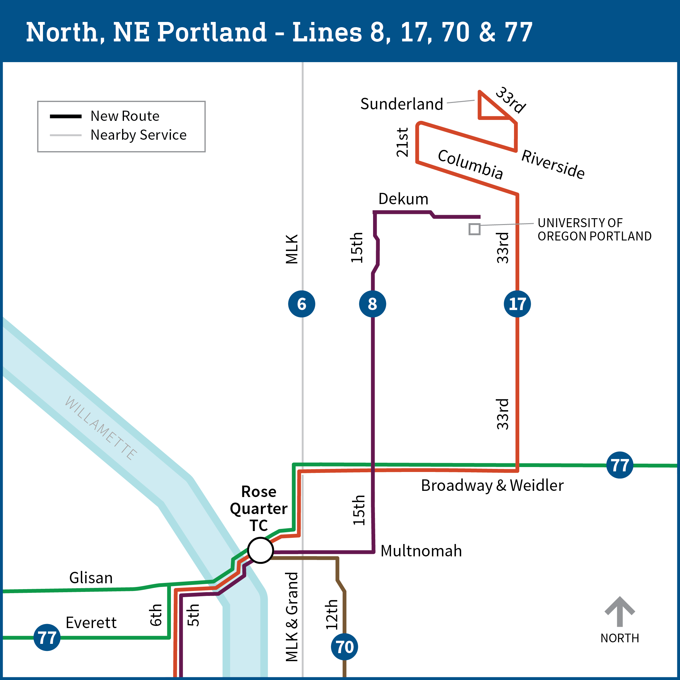 Map shows north and northeast Portland with proposed changes to bus lines 8, 17, 70 and 77, as detailed on the page.