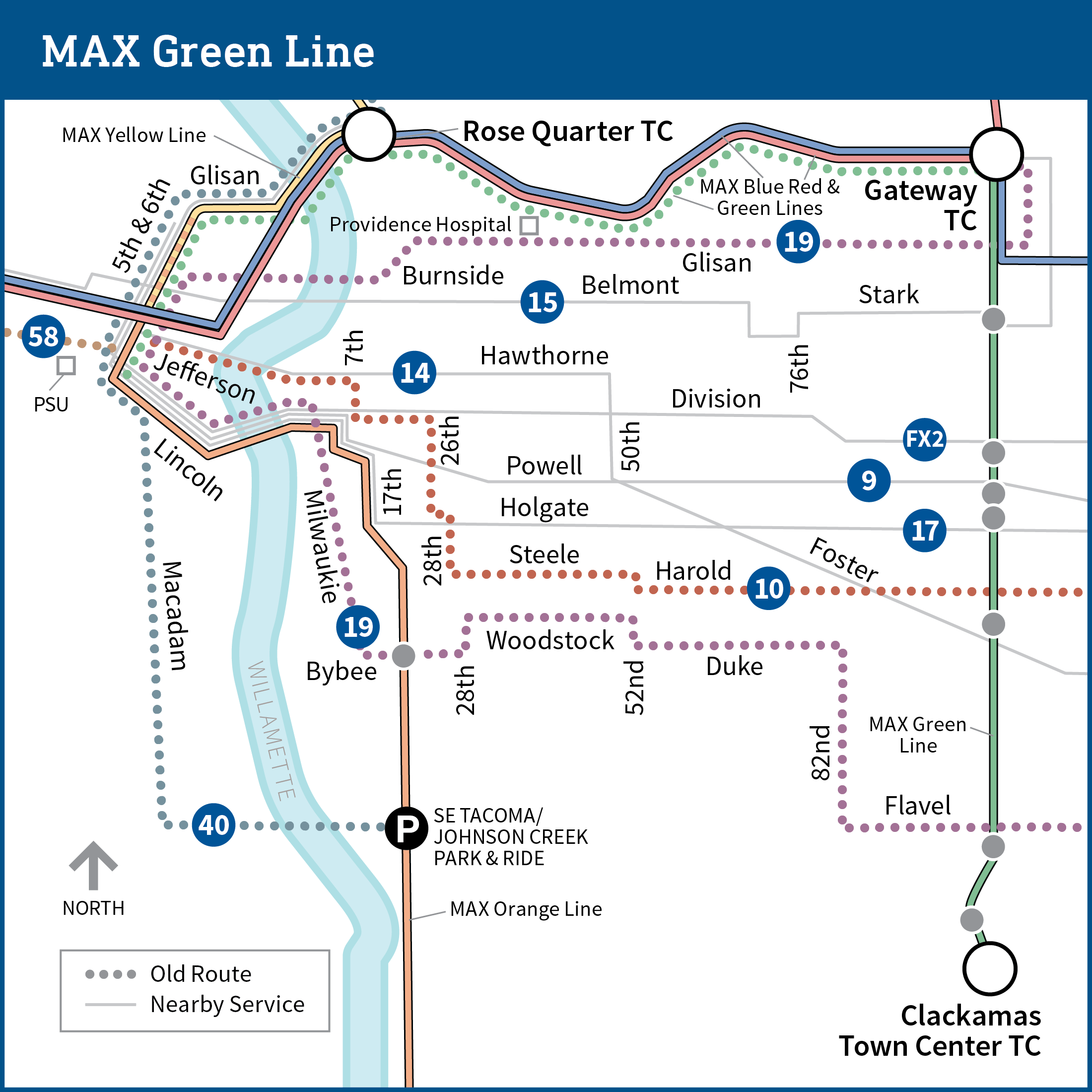 Map shows parts of northeast, southeast, and downtown Portland with current transit lines. The MAX Green Line runs from PSU to Clackamas Town Center, with stops noted at Rose Quarter Transit Center, Gateway Transit Center, SE Stark, SE Division, SE Powell, SE Holgate, SE Foster, and SE Flavel.