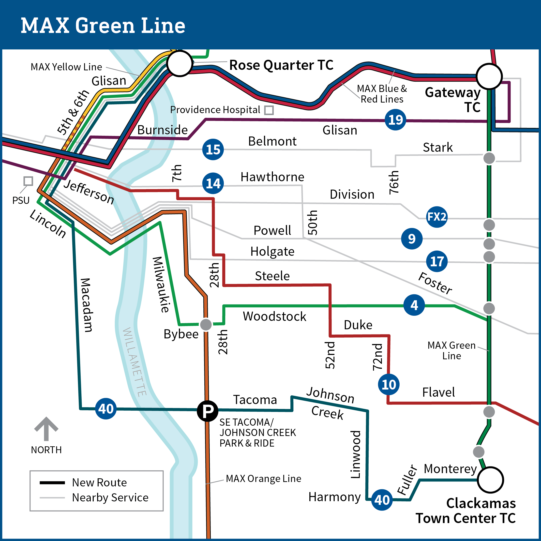 Map shows parts of northeast, southeast, and downtown Portland with proposed transit line changes. The MAX Green Line with proposed changes runs from Gateway Transit Center to Clackamas Town Center, with stops noted at Rose Quarter Transit Center, Gateway Transit Center, SE Stark, SE Division, SE Powell, SE Holgate, SE Foster, and SE Flavel. The Line 40 bus route is shown to highlight service to the stops that will no longer be served by the Green line, with service from Clackamas Town Center to Rose Quarter Transit Center.