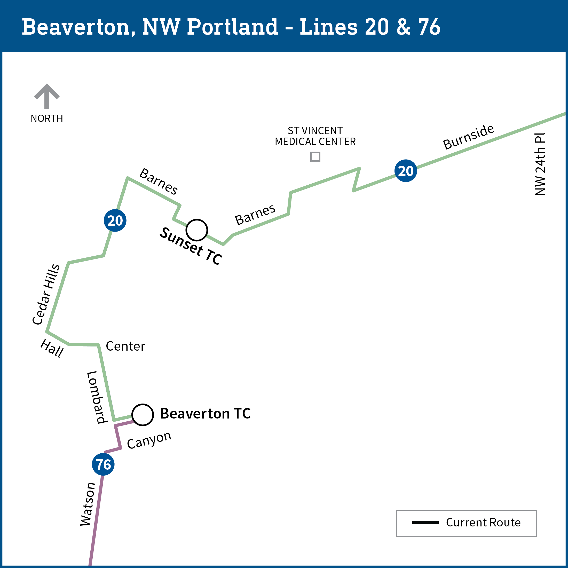 地图显示了目前 20 号线和 76 号线的路线 公交线路的终点站都是Beaverton Transit Center ，20 号线大致向北和西北方向延伸，76 号线则向南延伸。