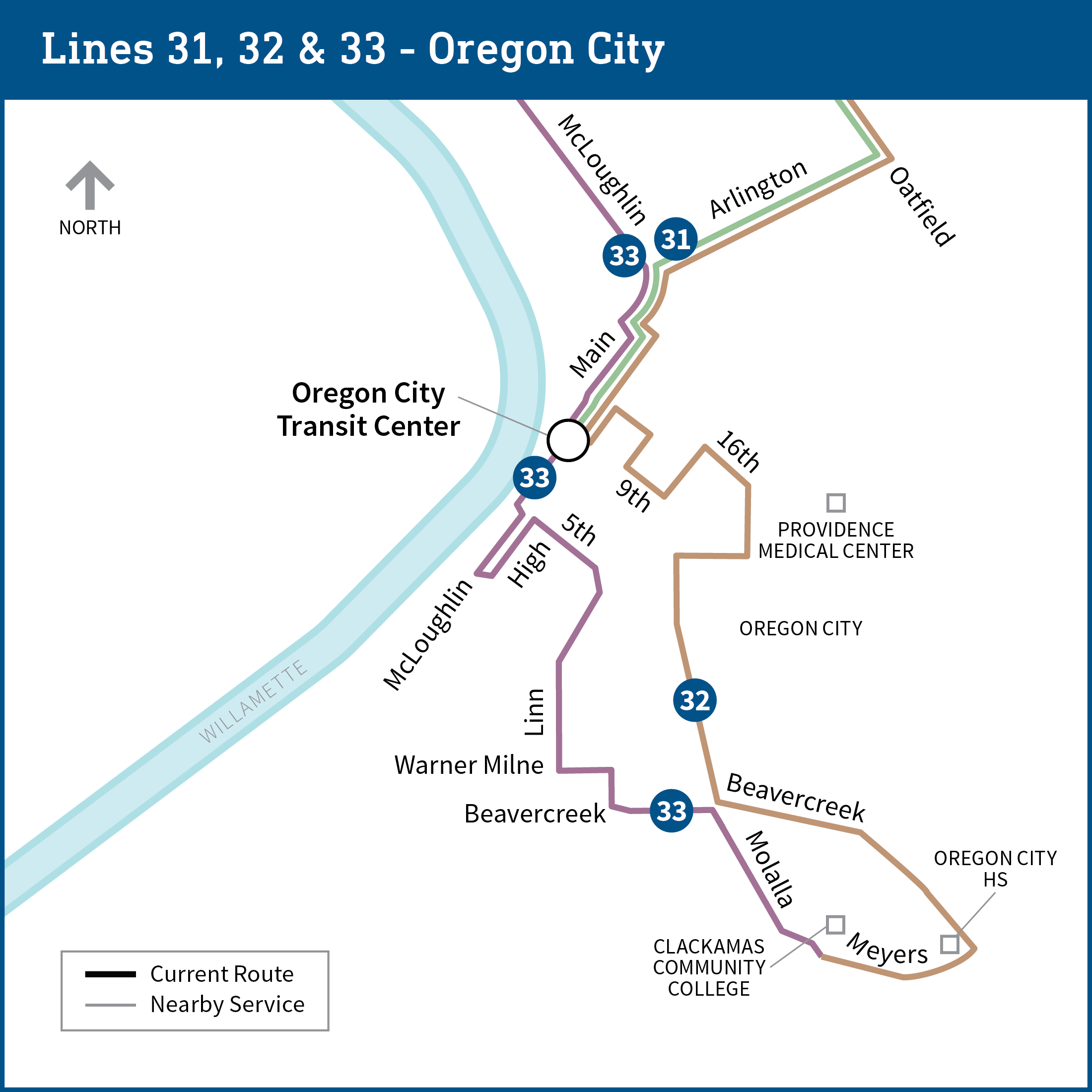 地图显示当前往返于Oregon City Transit Center 的路线 31、32 和 33 公交线路。